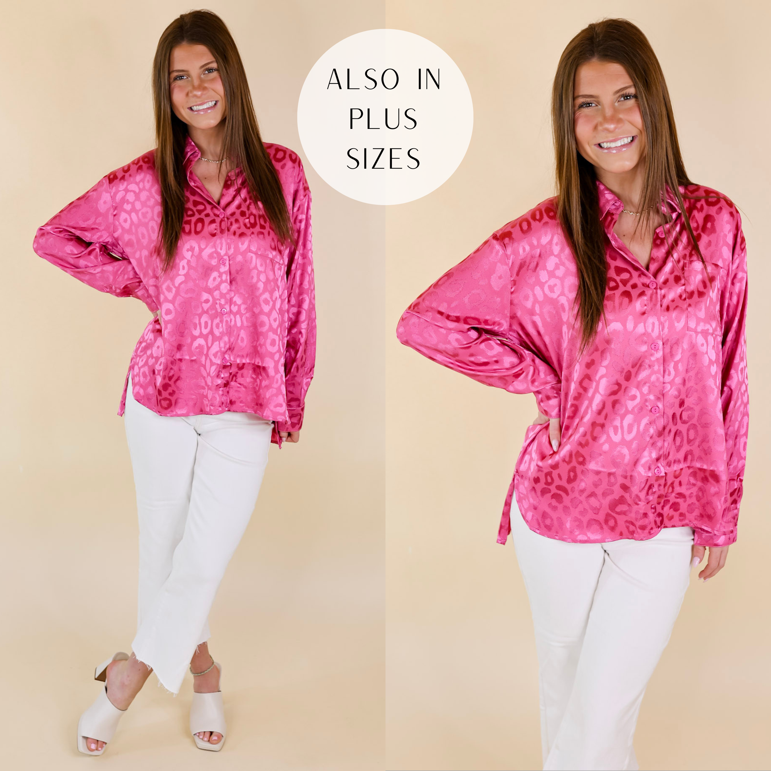 Model is wearing a button up leopard print shirt in hot pink. Model has this longs sleeve top paired with ivory heels, white jeans, and gold jewelry.