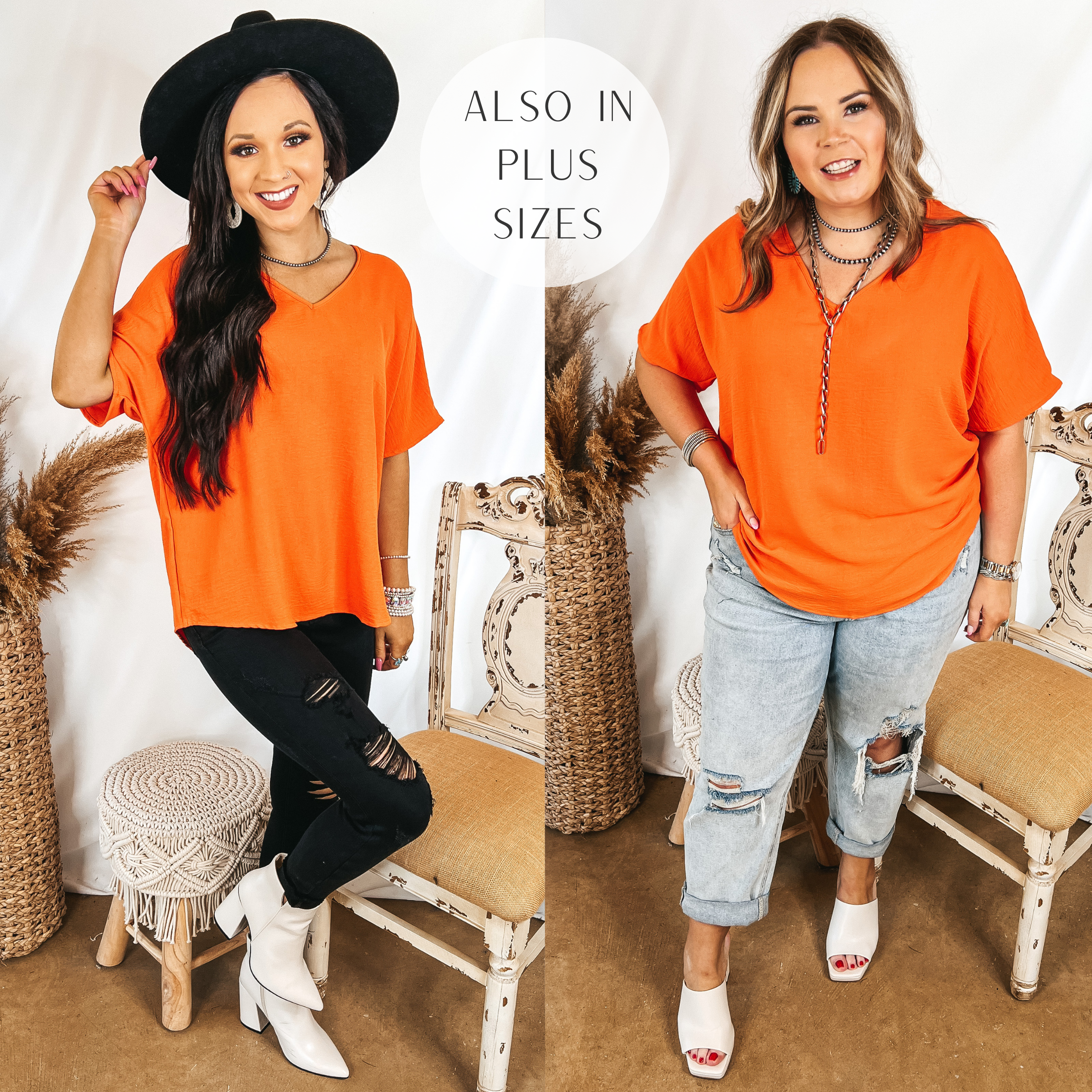 Models are wearing an oversized v neck top that is bright orange. Size small model has it paired with black jeans, white booties, and a black hat. Size large model has it paired with light wash jeans, white heels, and silver jewelry.