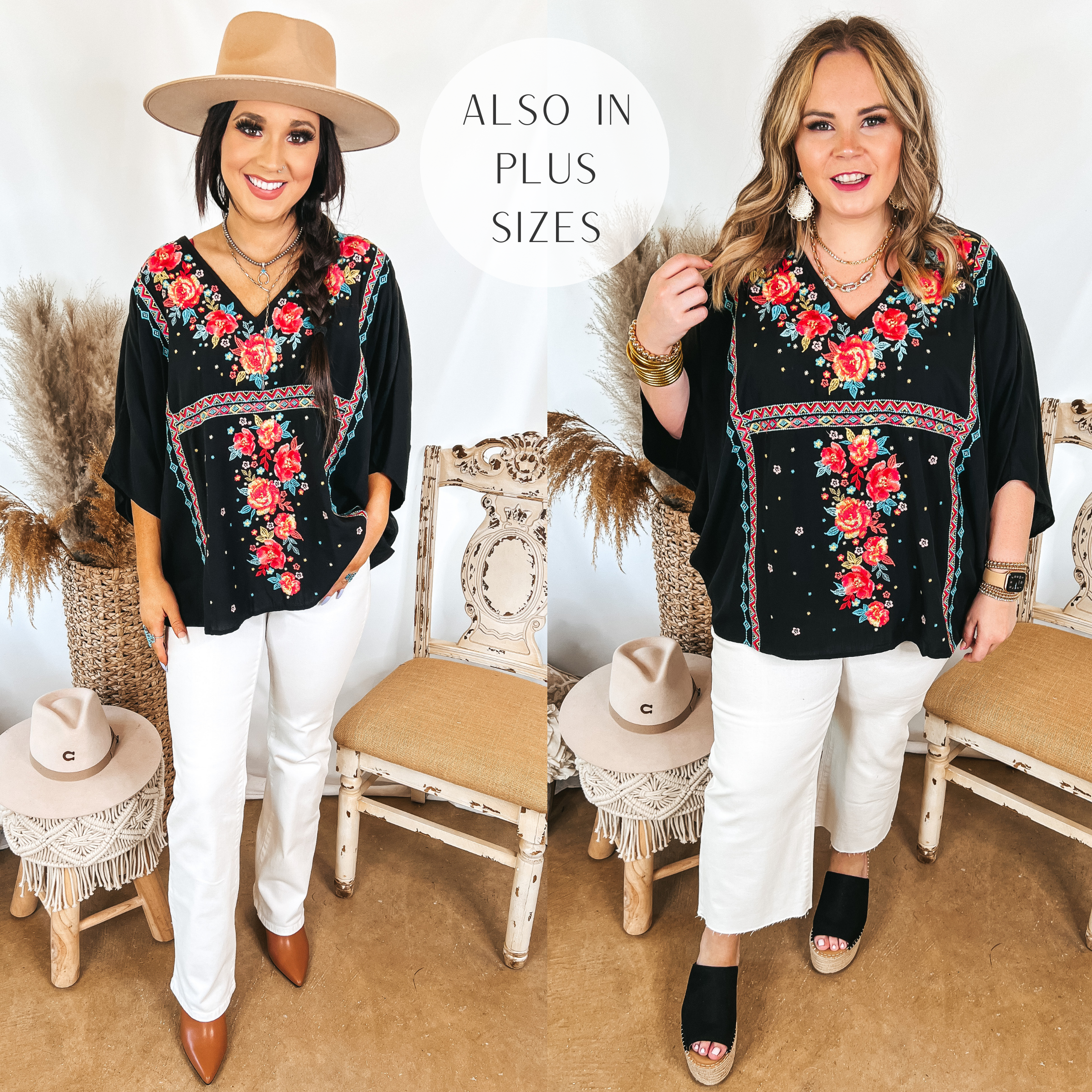 Models are wearing a black poncho top that has colorful embroidery all over. SIze small model has it paired with white bootcut jeans, tan boots, and a tan hat. Size large model has it paired with cropped white jeans, black wedges, and gold jewelry.