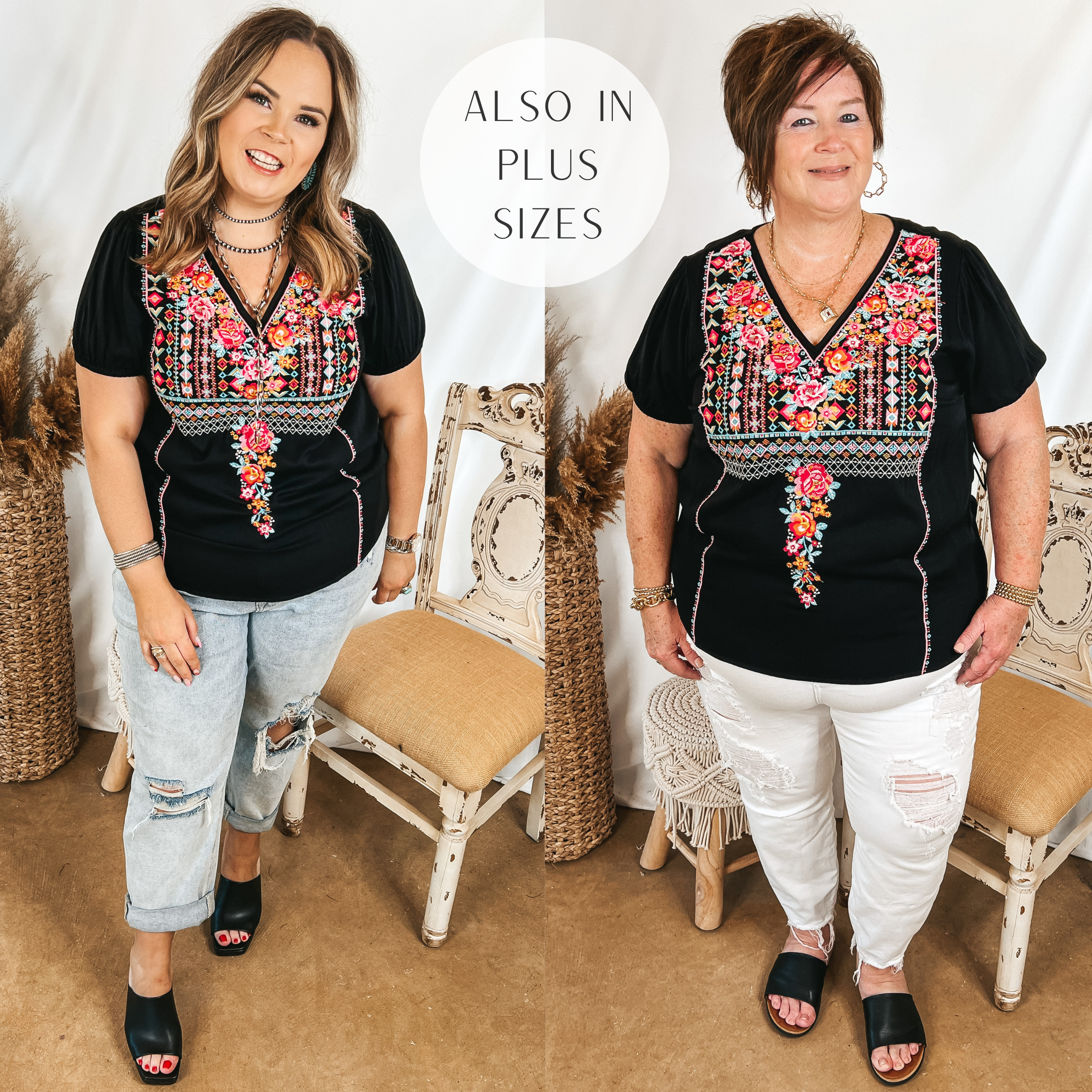 Models are wearing a back v neck top that has colorful embroidery on the front. Size large model has it paired with light wash jeans, black heels, and silver jewelry. Plus size model has it paired with white jeans, black sandals, and gold jewelry.