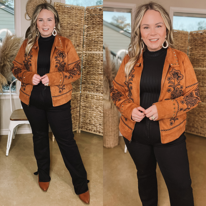 Downtown Elegance Floral Embroidered Suede Jacket with Studded Collar in Brown - Giddy Up Glamour Boutique