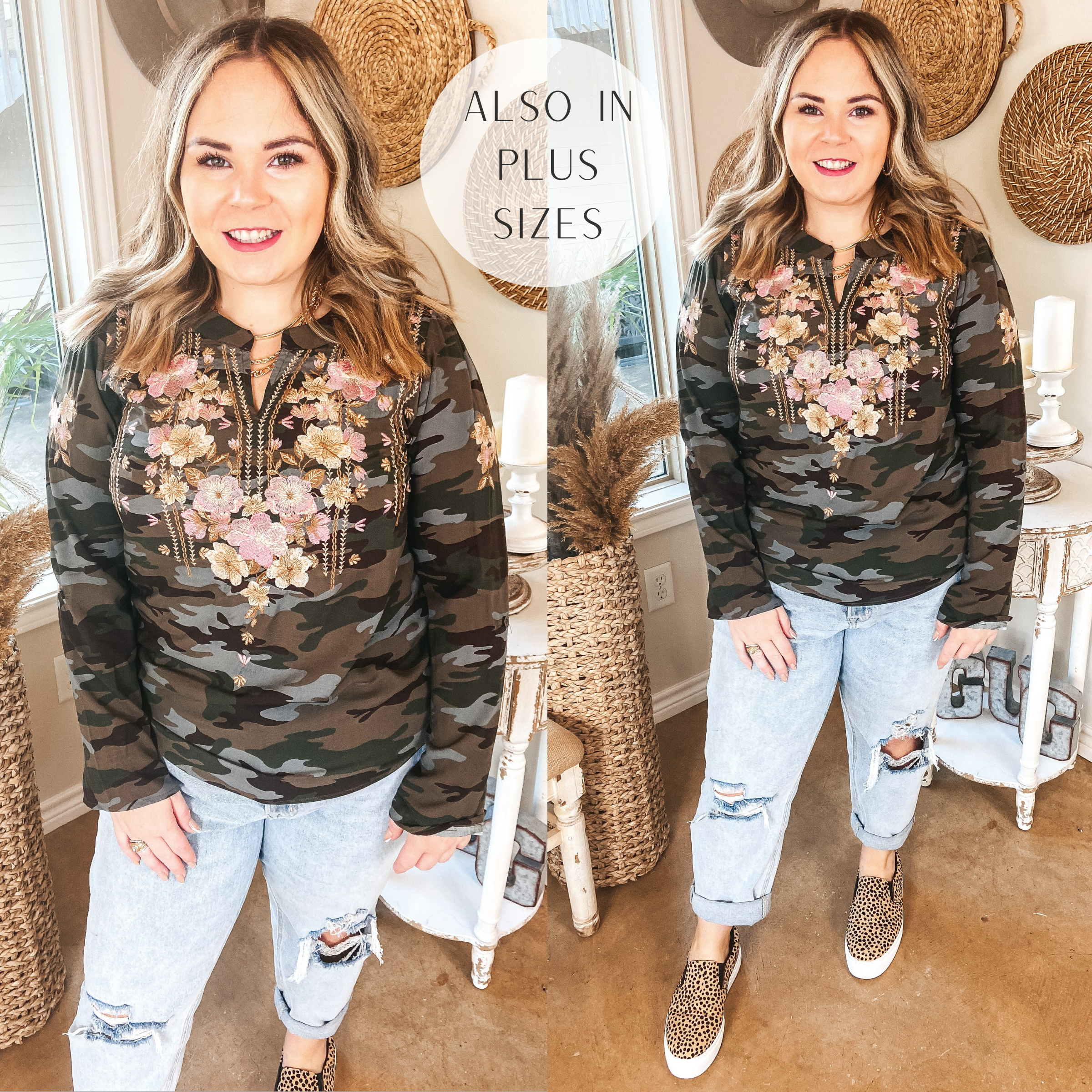 Last Chance Size Small & Med. | On My Heart 3/4 Sleeve Embroidered Notched Neck Top in Camouflage - Giddy Up Glamour Boutique