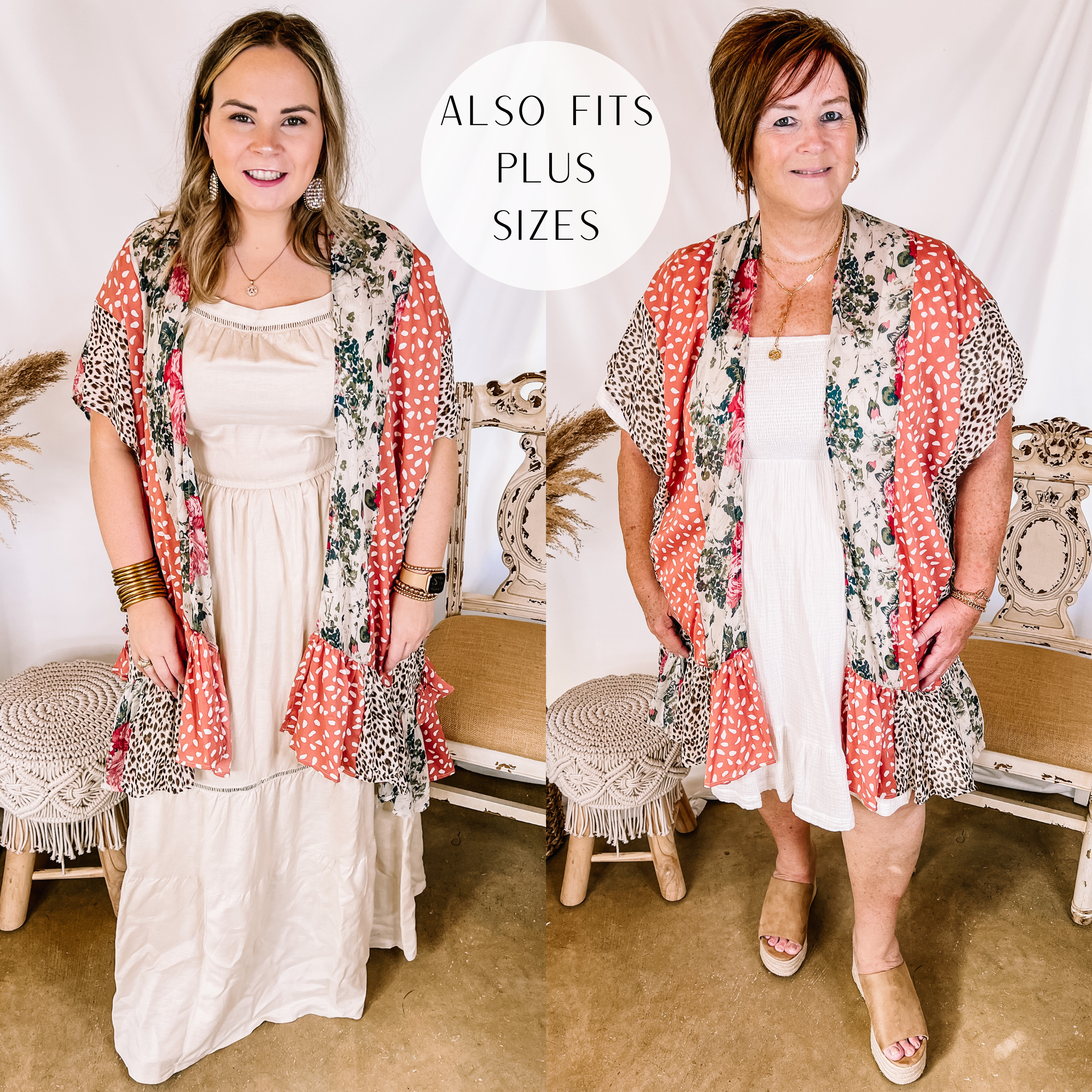 Models are wearing a floral and animal print mix kimono. Size large model has it on over an ivory maxi dress. Plus size model has it on over a white dress with tan wedges and gold jewelry.