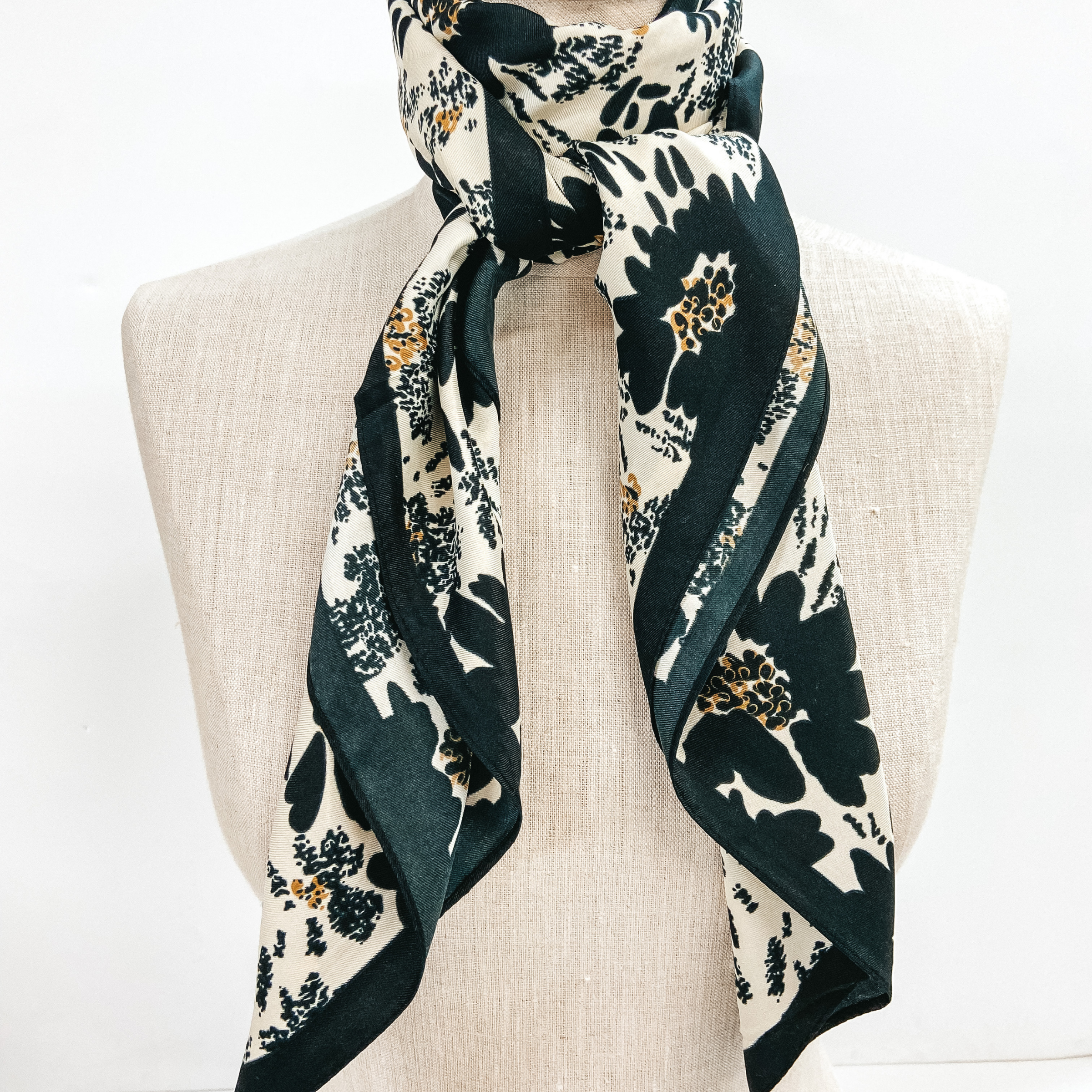 Floral Print Square Scarf in Ivory and Black - Giddy Up Glamour Boutique