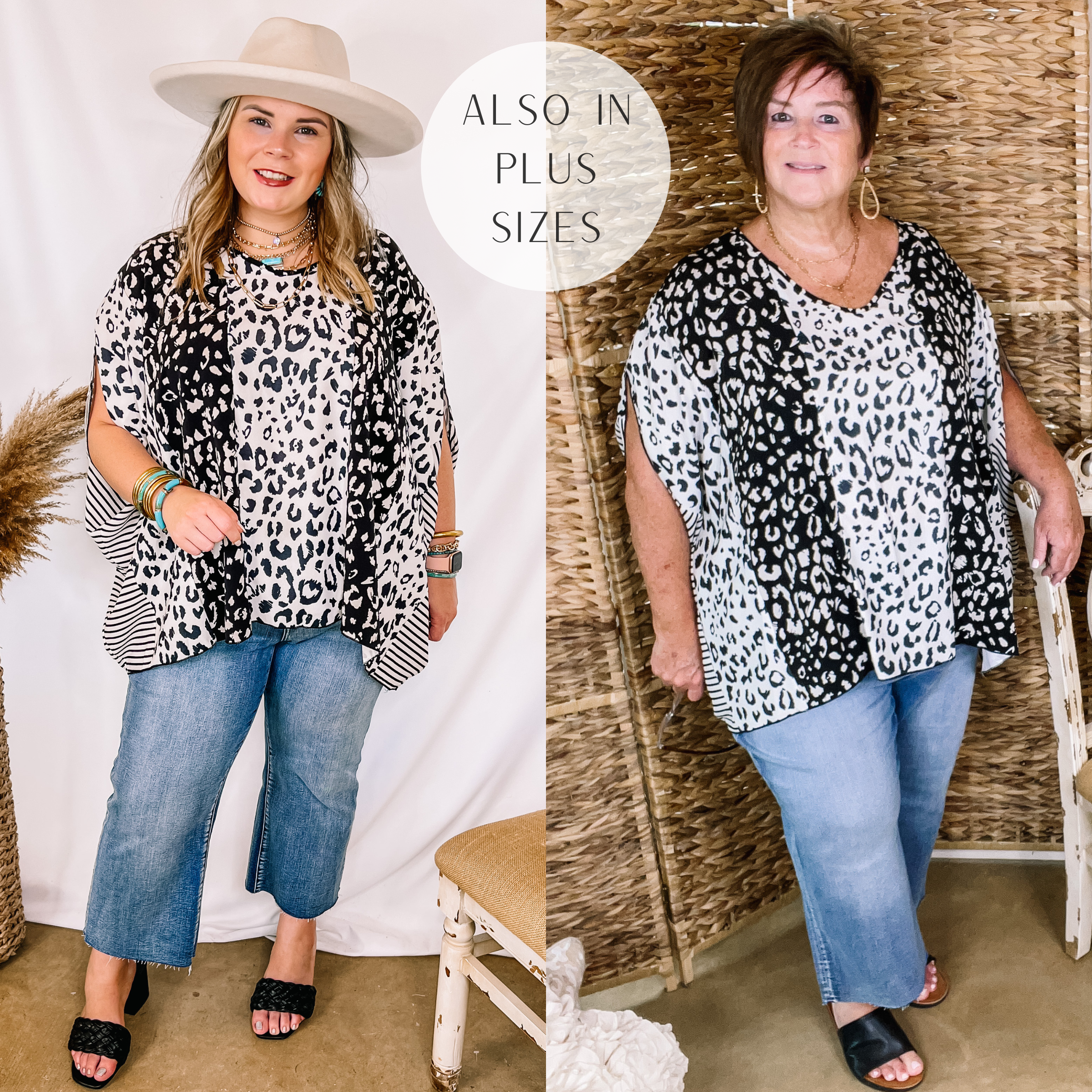 Pursue Your Passion Print Block Poncho Top in Black and White - Giddy Up Glamour Boutique