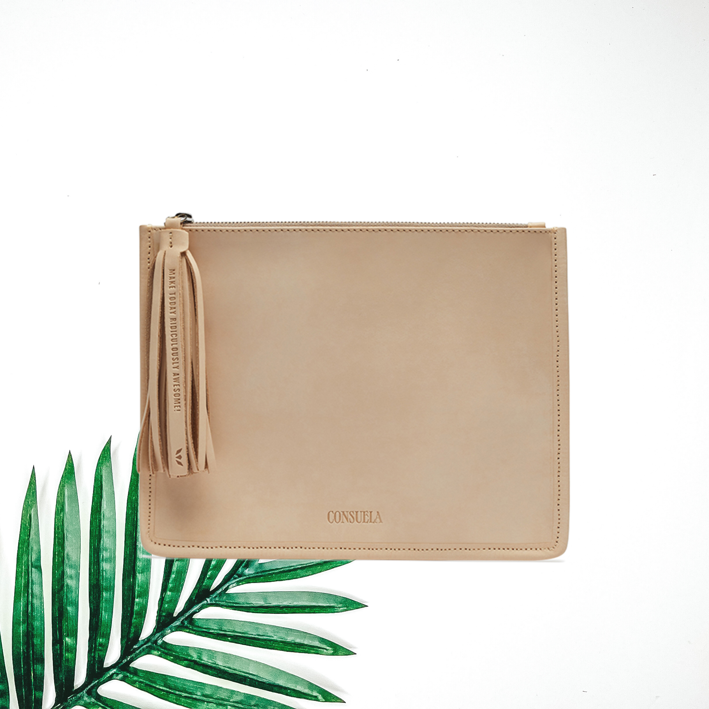 Centered in the picture is a pouch in nude leather. To the left of the pouch is a palm leaf, all on a white background.