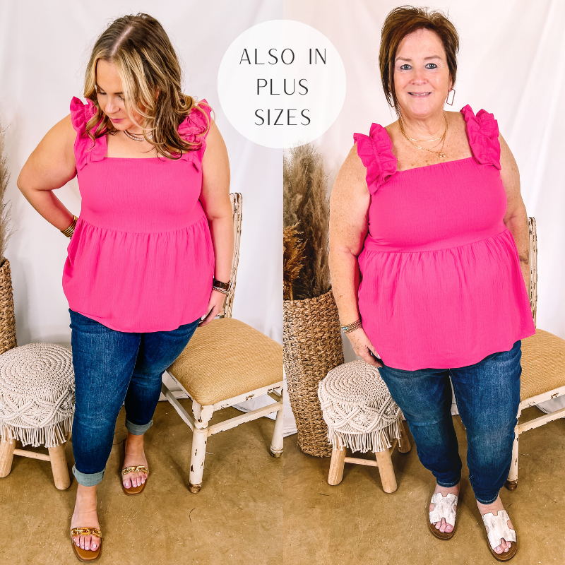 Models are wearing a bright pink tank top that has ruffle straps and a babydoll body. Size large model has it paired with dark wash skinny jeans, gold sandals, and gold jewelry. Plus size model has it paired with white sandals, dark wash skinnies, and gold jewelry.
