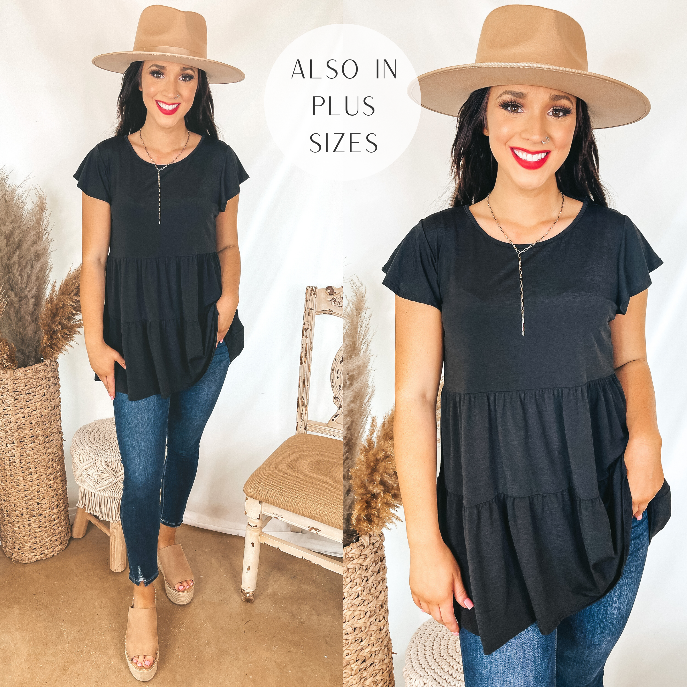 Model is wearing a black ruffle tiered top that has ruffle cap sleeves. Model has it paired with dark wash skinnies, tan wedges, and a tan hat.