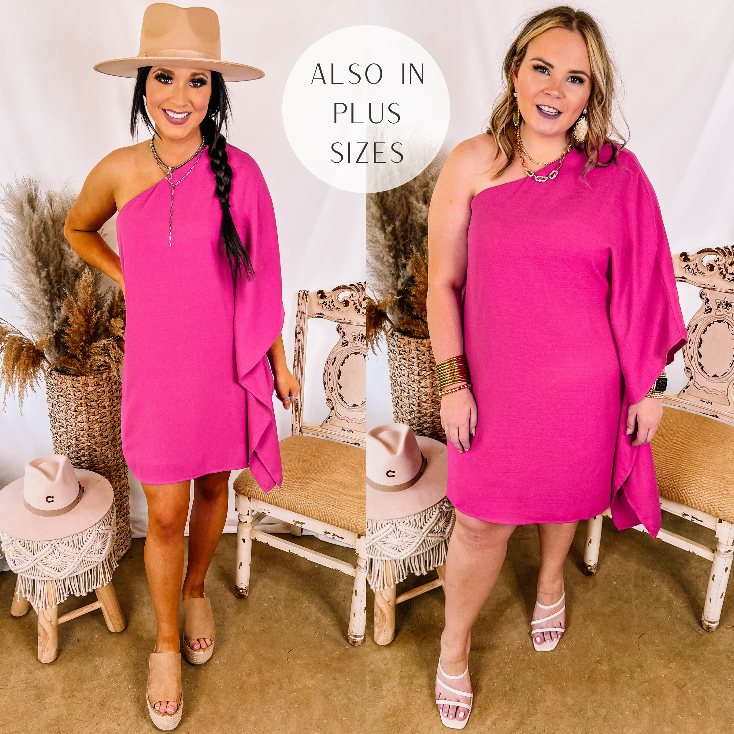 Models are wearing a pink one shoulder drape dress. Size small model has it paired with tan wedges and a tan hat. SIze large model has it paired with white heels and gold jewelry.
