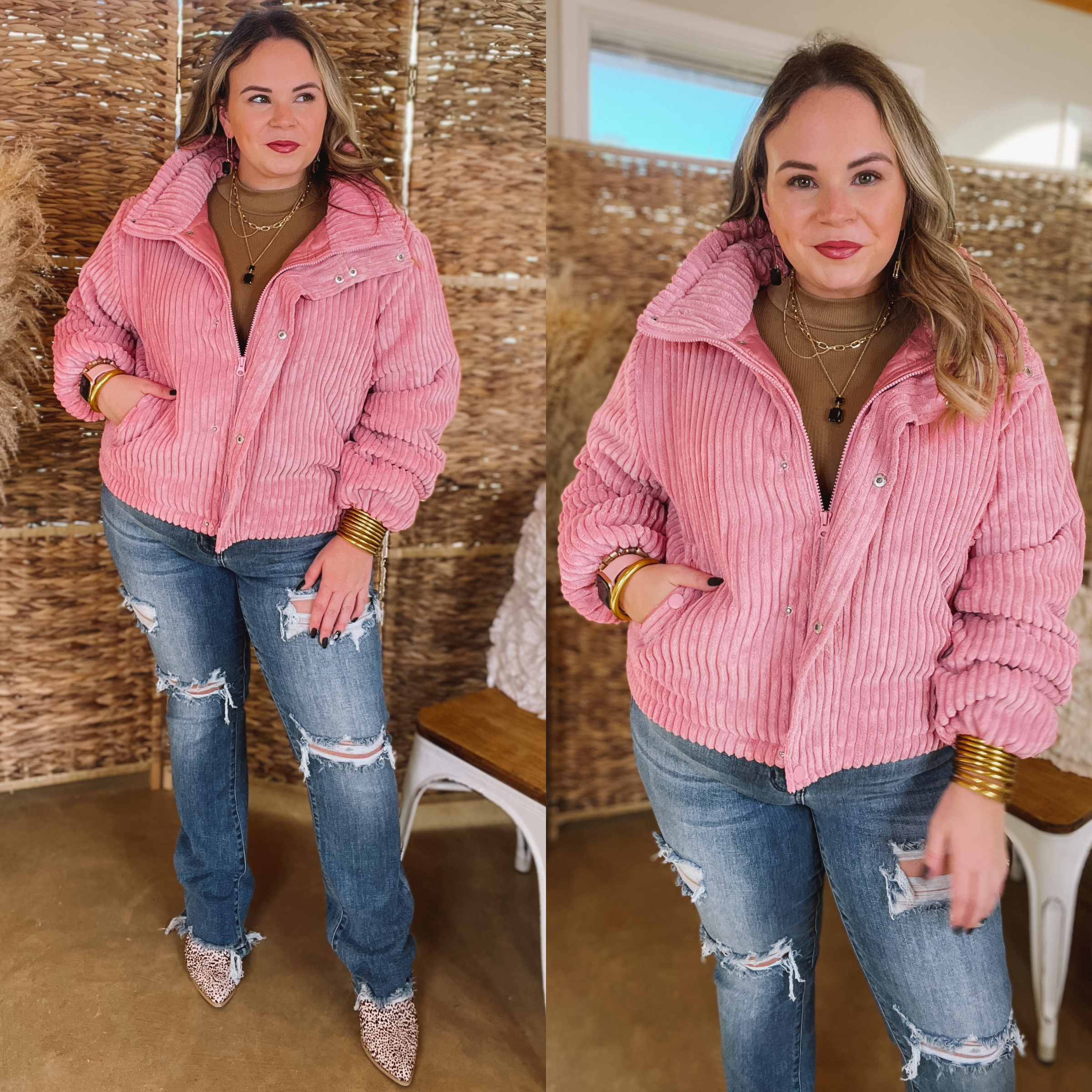 Model is wearing a button and zip up sherpa jacket that is light pink. Model has it paired with distressed trouser jeans, leopard mules, and gold jewelry.
