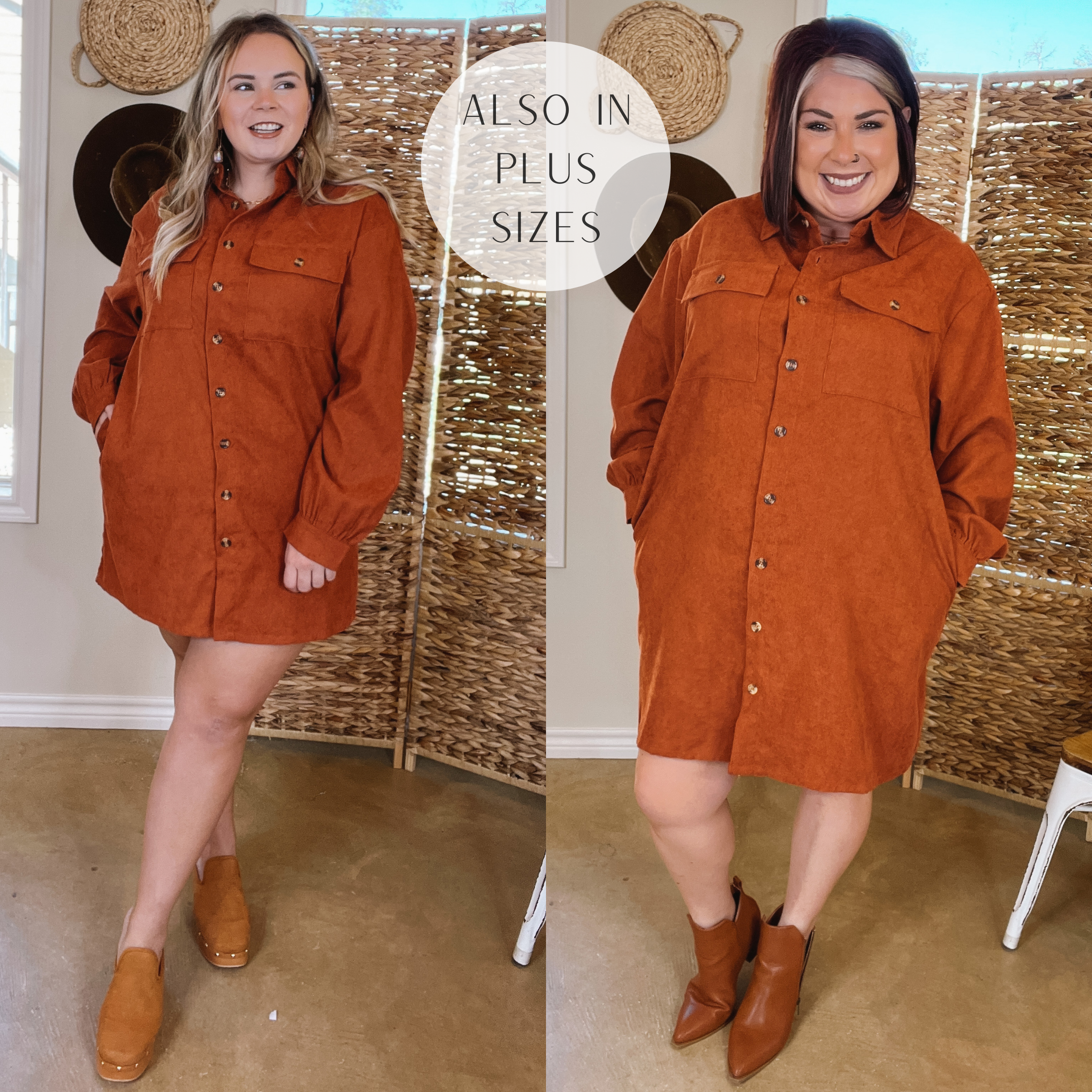 Peanut Brittle Button Up Corduroy Long Sleeve Dress in Rust Orange