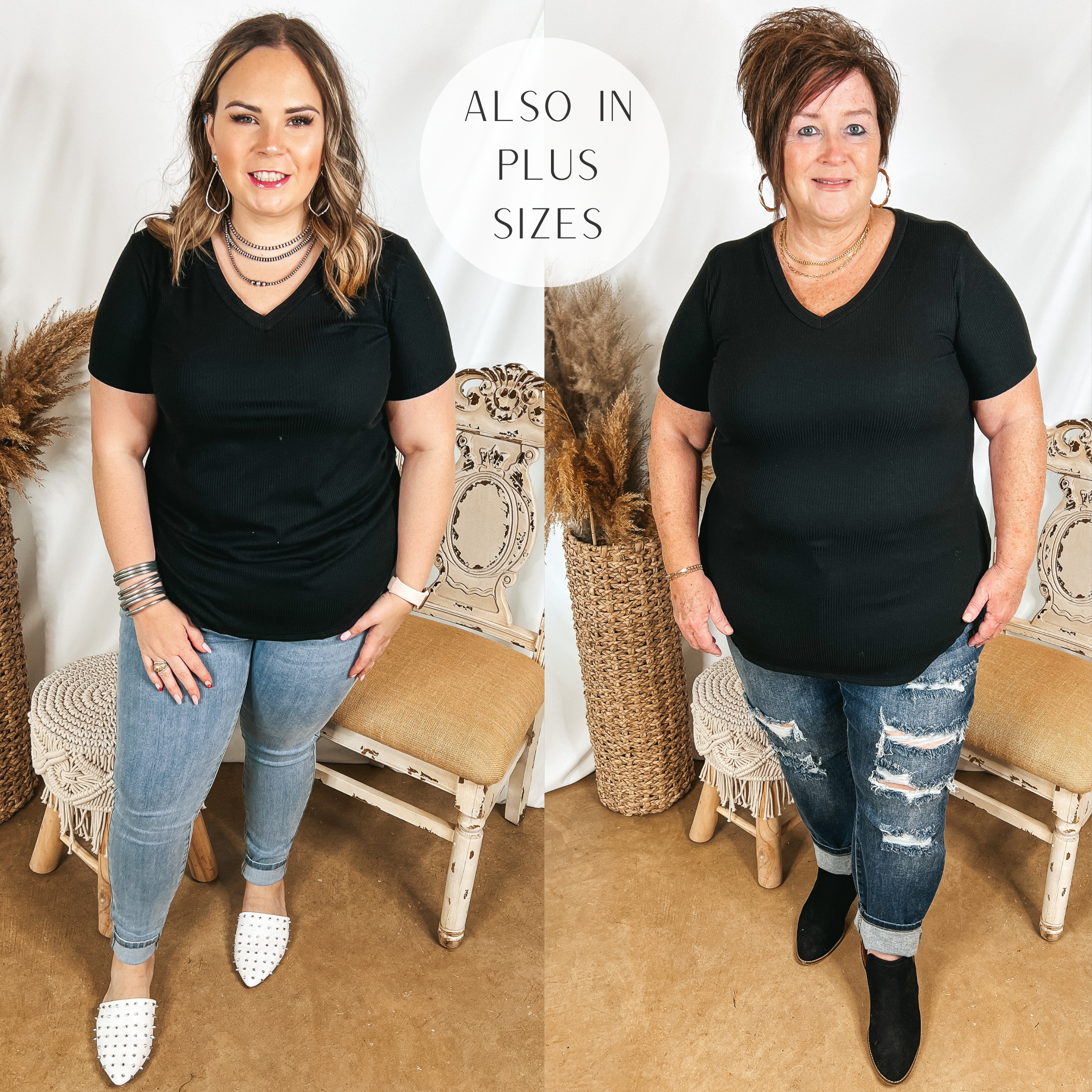 Models are wearing a black ribbed top. Size large model has it paired with light wash skinny jeans, white mules, and silver jewelry. Plus size model has it paired with distressed jeans, black booties, and gold jewelry.