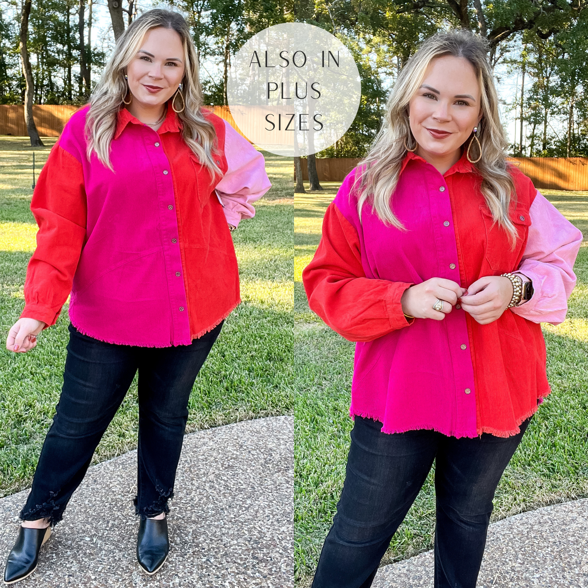 Models are wearing a pink, red, and fuchsia color block button up top with long sleeves and a frayed hem. Model has it paired with black jeans, black mules, and gold jewelry.