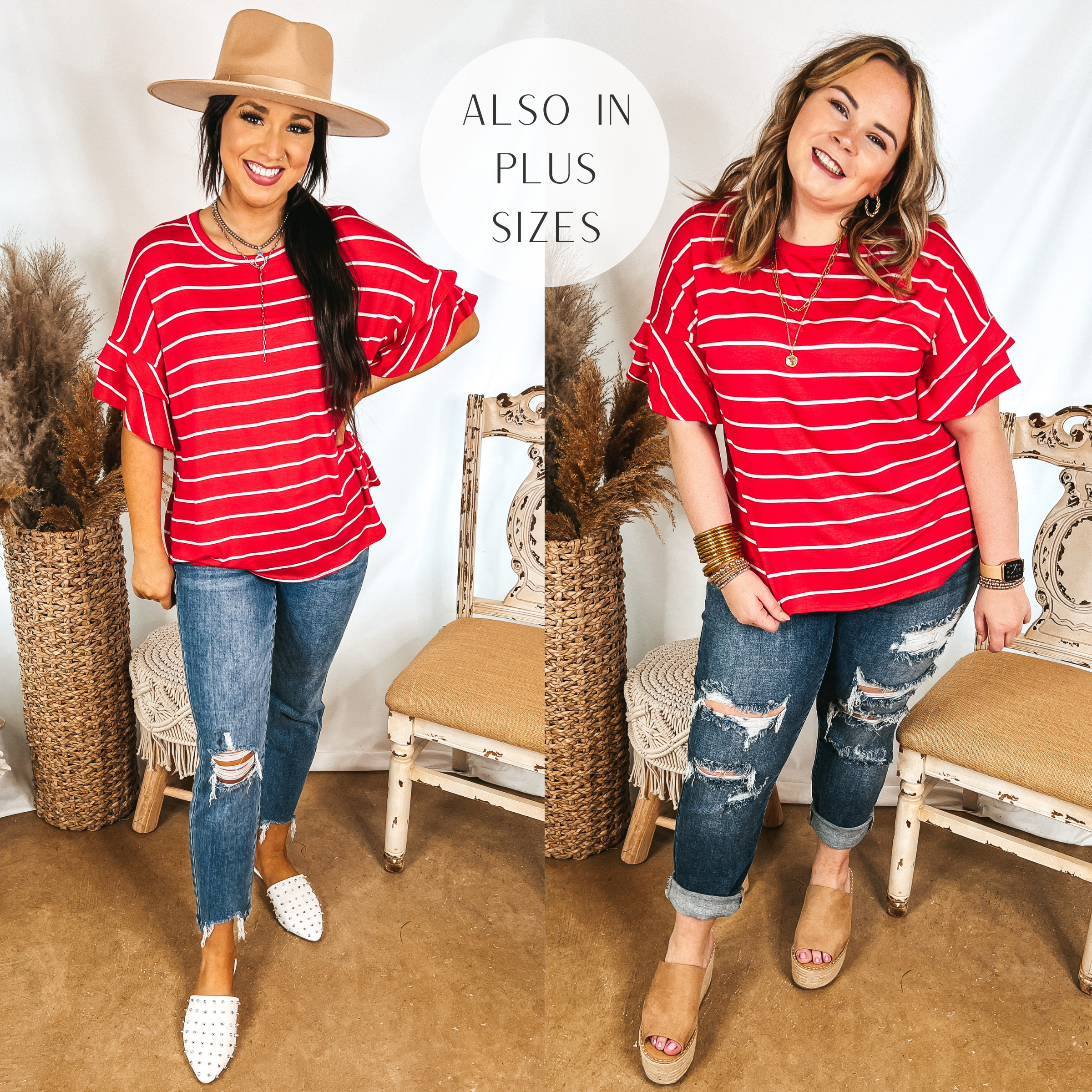 Models are wearing a red and white striped top that has ruffle sleeves. Size small model has it paired with distressed boyfriend jeans, white mules, and a tan hat. Size large model has it paired with distressed boyfriend jeans, tan wedges, and gold jewelry.