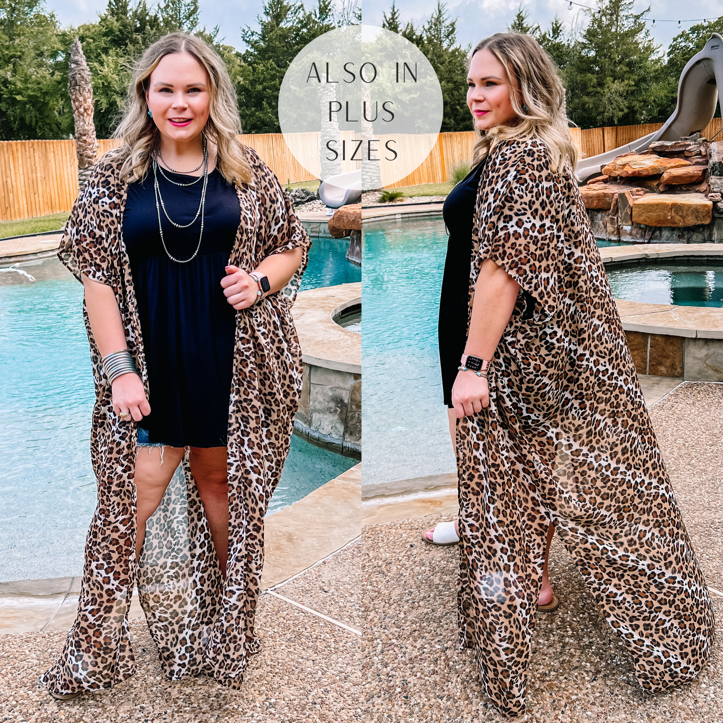 Model is wearing a long leopard print kimono that has short sleeves. Model has it on over a solid black top, denim shorts, white sandals, and silver jewelry.
