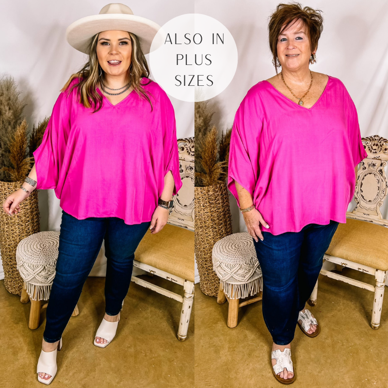 Models are wearing a pink poncho top with a v neckline. Both models have it paired with dark wash, non-distressed jeans, white sandals, and jewelry.