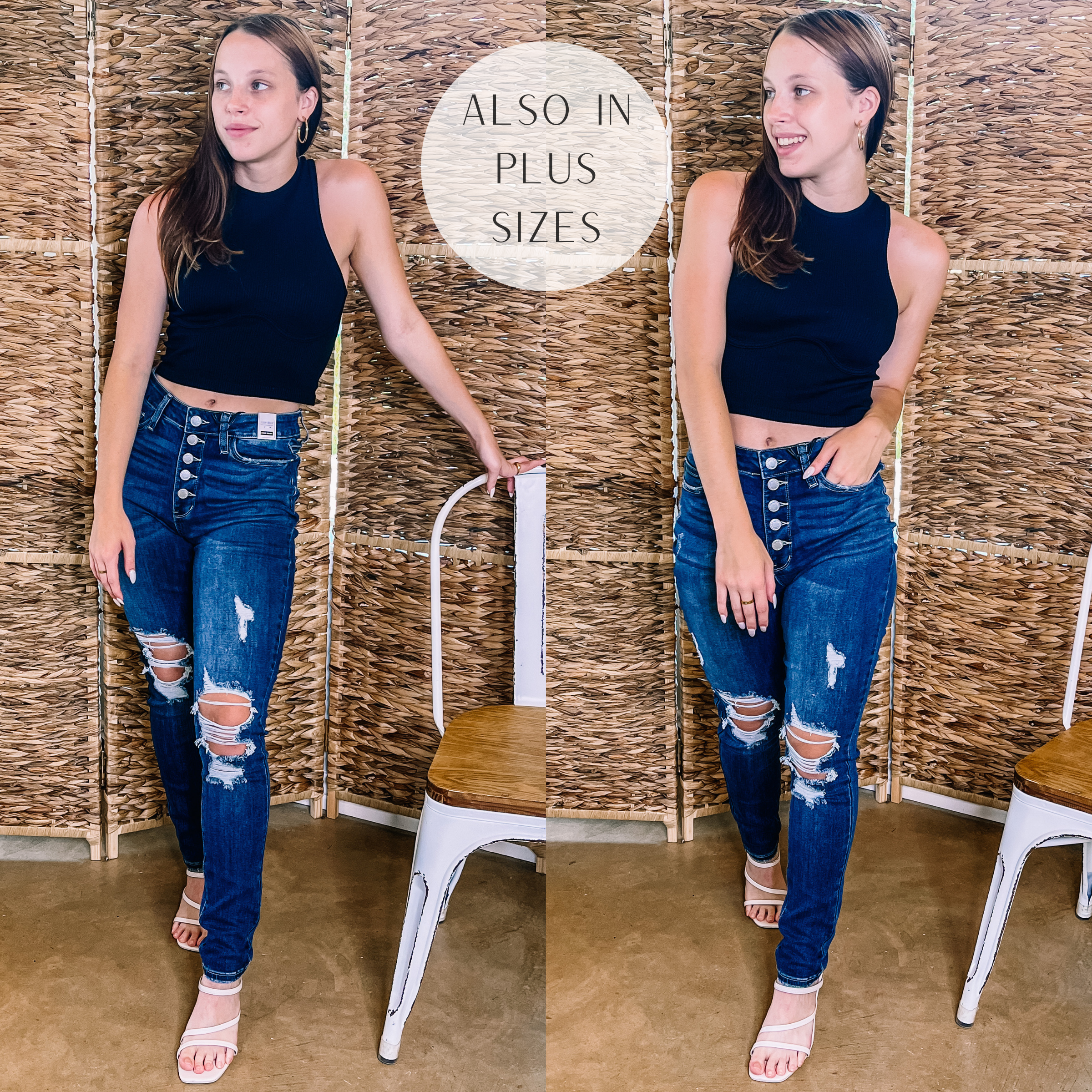 Model is wearing a pair of button fly skinny jeans with distressing on each leg. Model has it paired with a black tank top and white sandals.