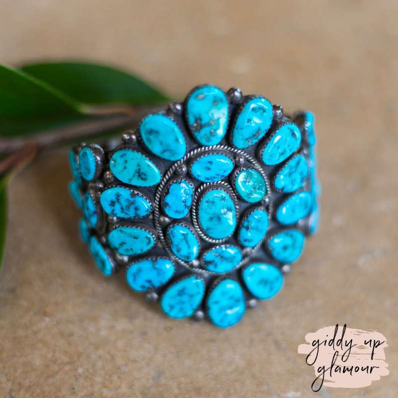 Genuine Sterling Silver Indian Handcrafted Navajo Nations Turquoise Flower Design Cluster Cuff Real Turquoise Jewelry Handmade in USA Native American Jewelry Royston Kingman Turquoise Carico Bracelet Heritage Style Turquoise and Co 