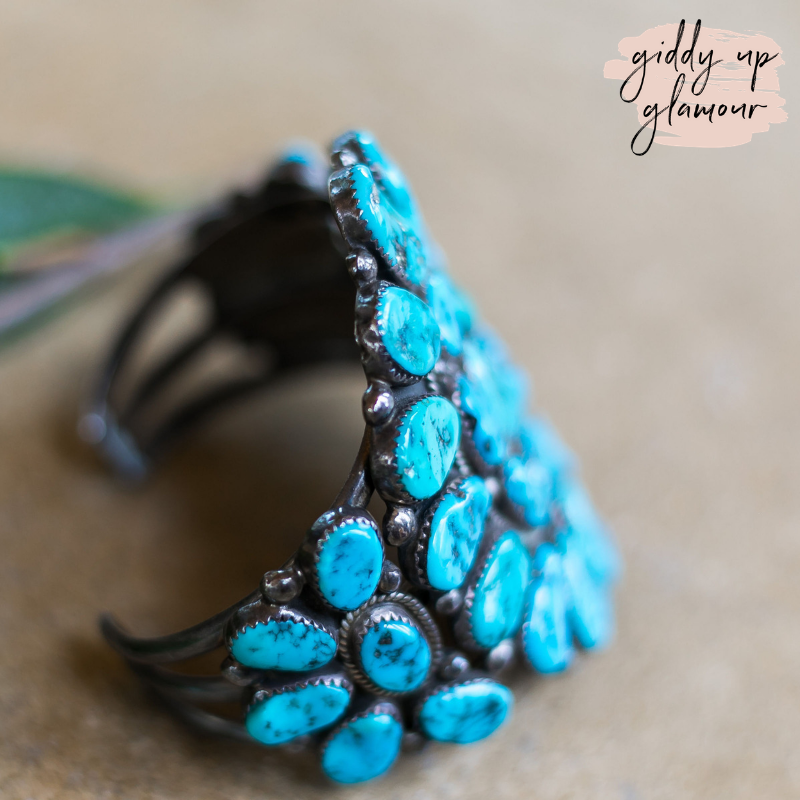 Genuine Sterling Silver Indian Handcrafted Navajo Nations Turquoise Flower Design Cluster Cuff Real Turquoise Jewelry Handmade in USA Native American Jewelry Royston Kingman Turquoise Carico Bracelet Heritage Style Turquoise and Co 