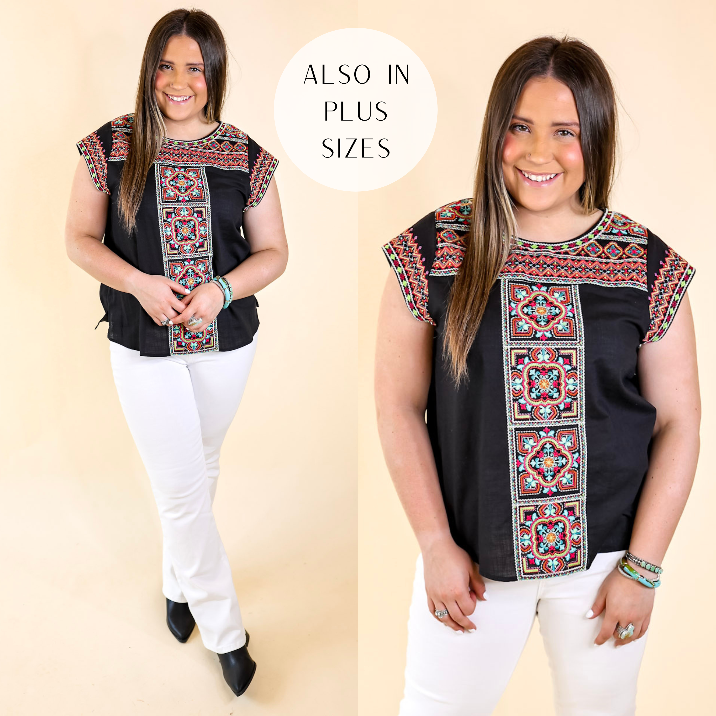 Take A Trip Multi Color Embroidered Cap Sleeve Top in Black