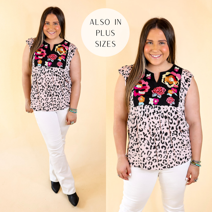 Always a Lady Ruffle Cap Sleeve Top with Embroidered Yoke in Blush Pink Leopard Print - Giddy Up Glamour Boutique