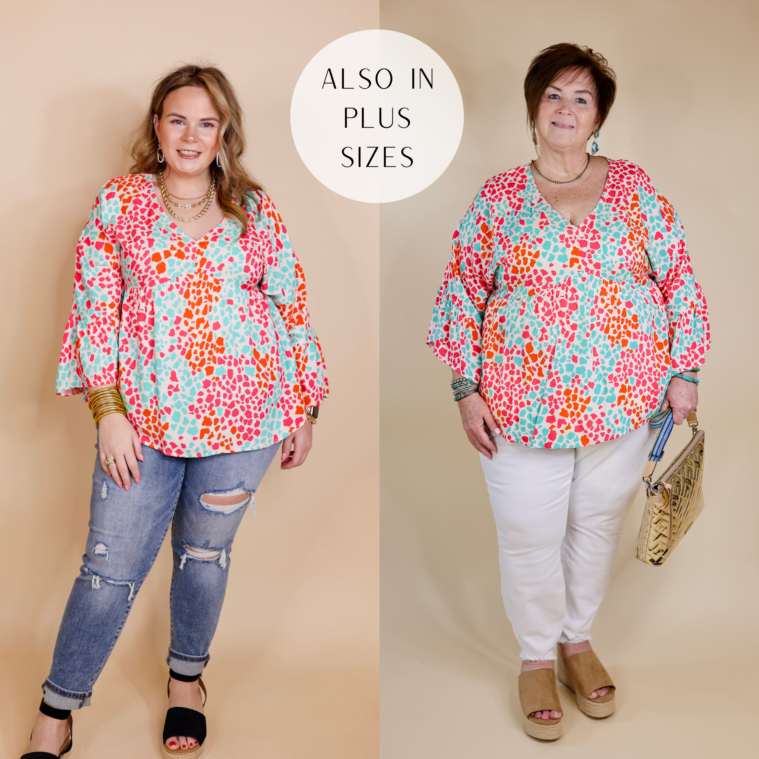 Model is wearing a dotted print babydoll top that is a mix of hot pink, orange, and turquoise. This top has a v neckline and ruffle 3/4 sleeves. Model has this top paired with distressed skinny jeans, black sandals, and gold jewelry.