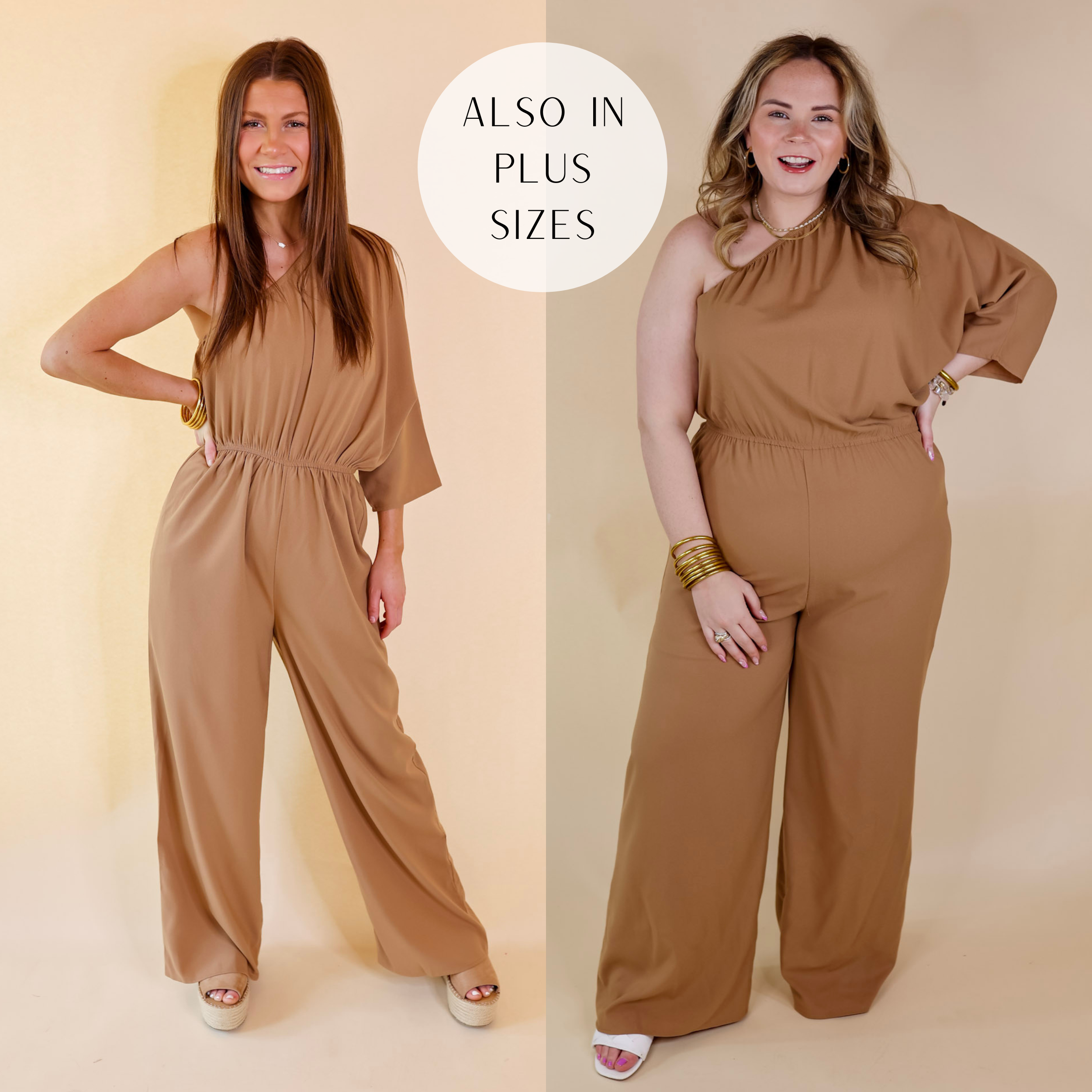 Ready To Wow One Shoulder Wide Leg Jumpsuit in Camel Brown - Giddy Up Glamour Boutique