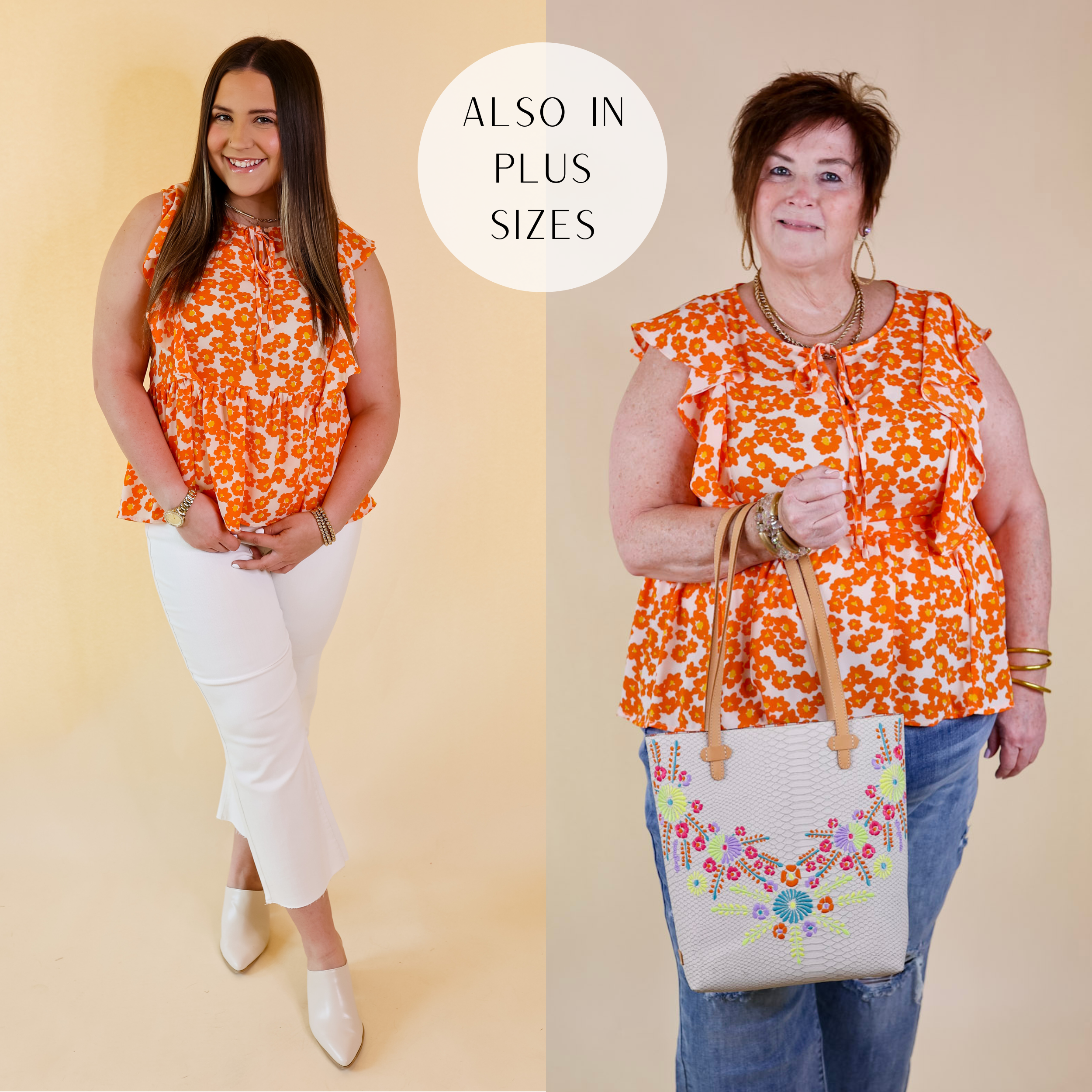 Picking Petals Floral Babydoll Top with Front Keyhole in Orange - Giddy Up Glamour Boutique