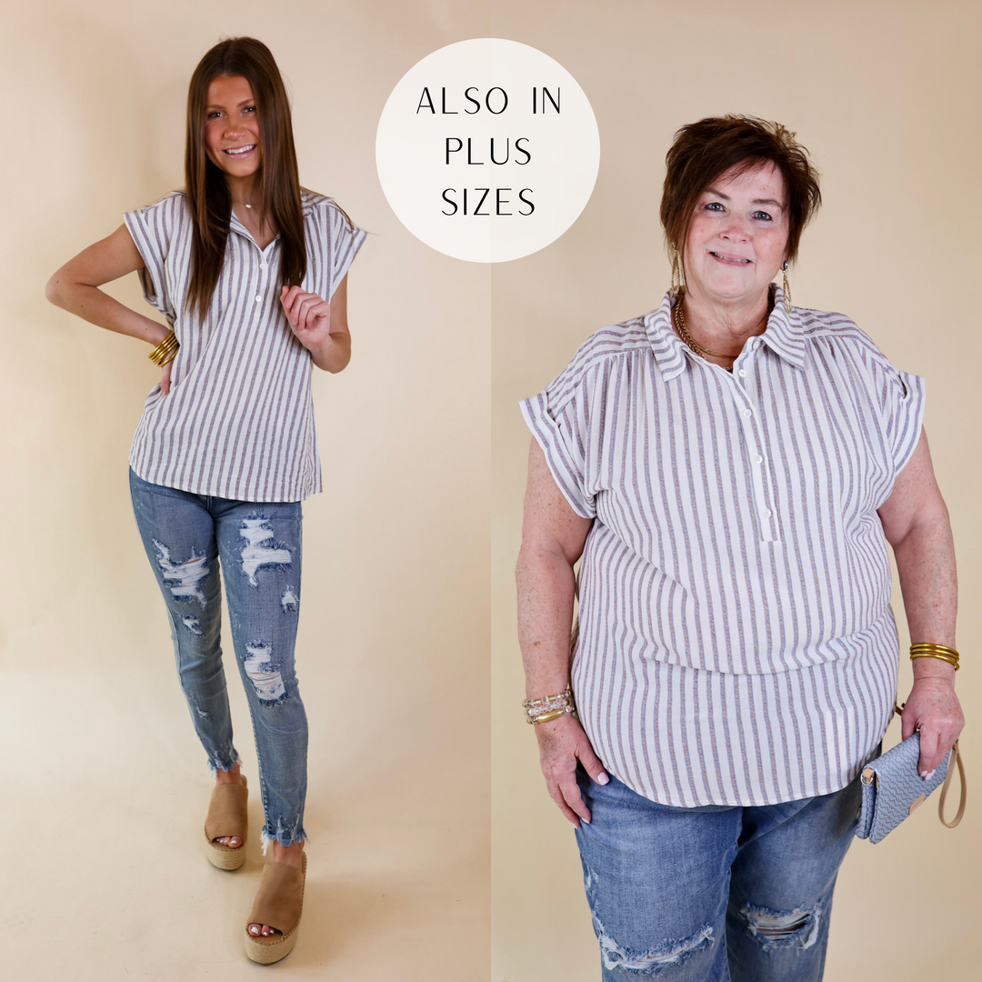 Long Time Coming Half Button Up Pin Stripe Top in Ivory - Giddy Up Glamour Boutique
