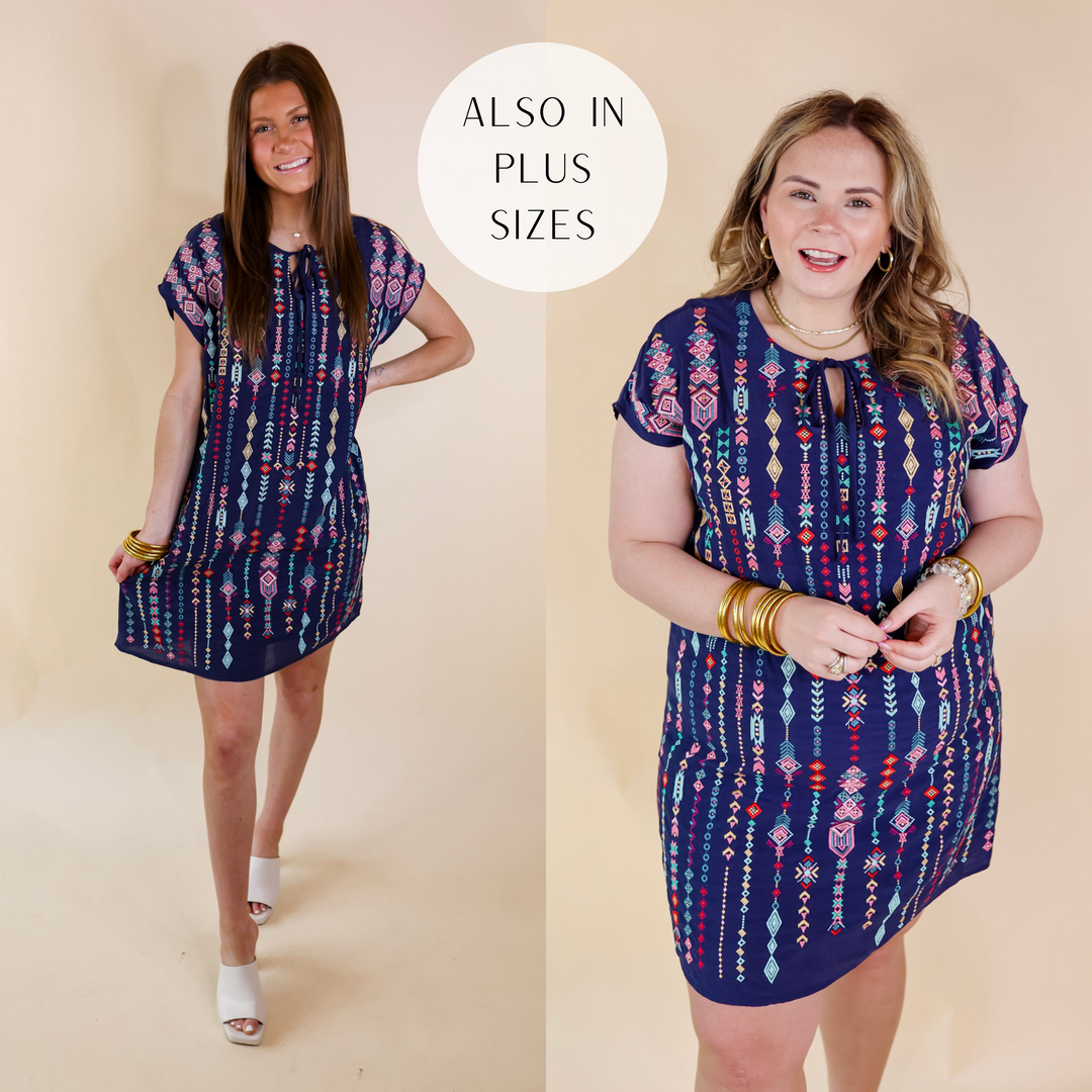 Love Crush Tribal Embroidered Dress with Front Keyhole in Navy Blue - Giddy Up Glamour Boutique