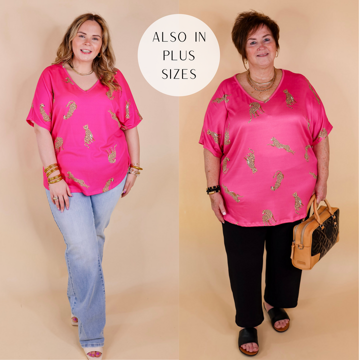 Wild Side Cheetah Print V Neck Top with Short Sleeves in Hot Pink - Giddy Up Glamour Boutique
