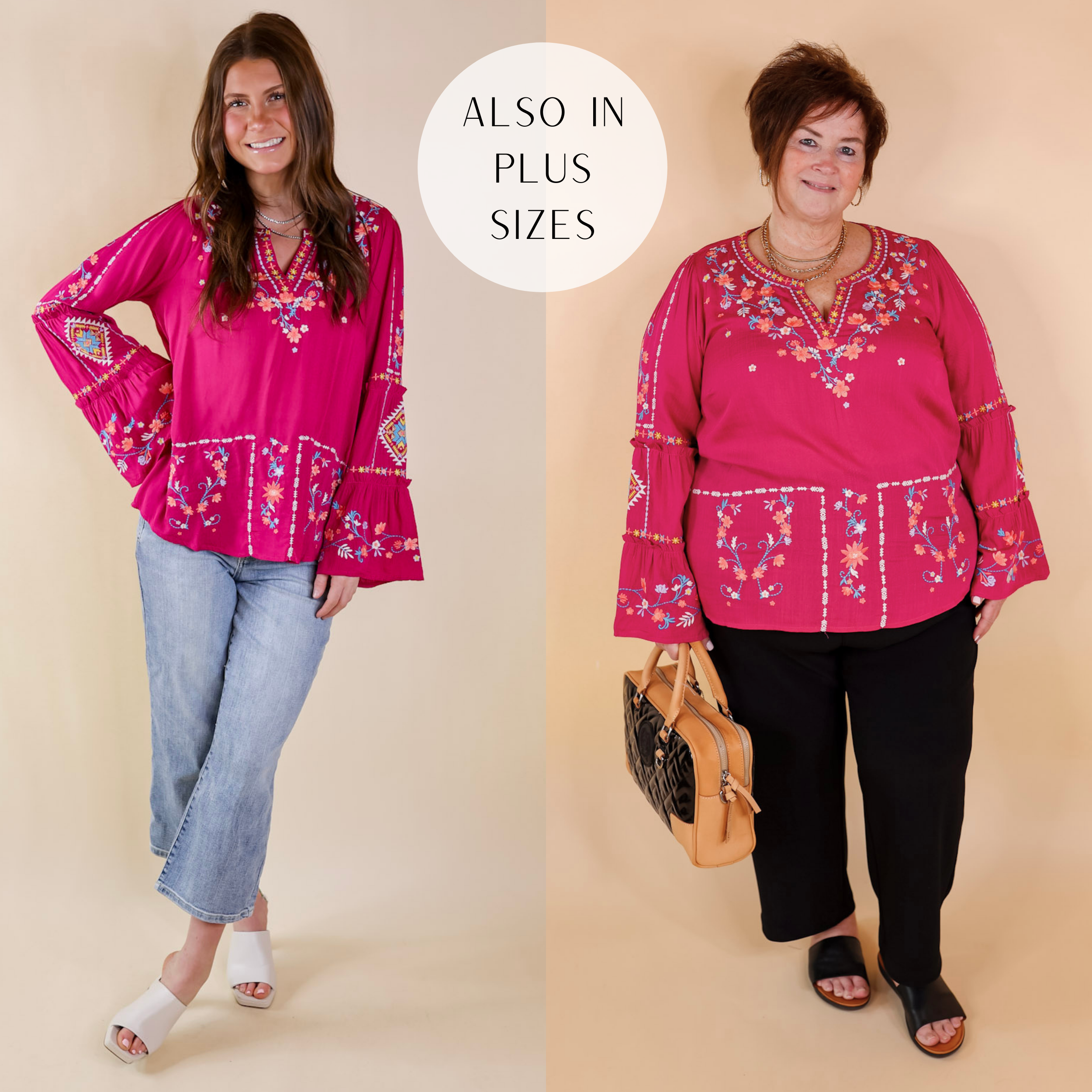 Pretty Stroll Floral Embroidered Top with Long Bell Sleeves in Magenta Pink