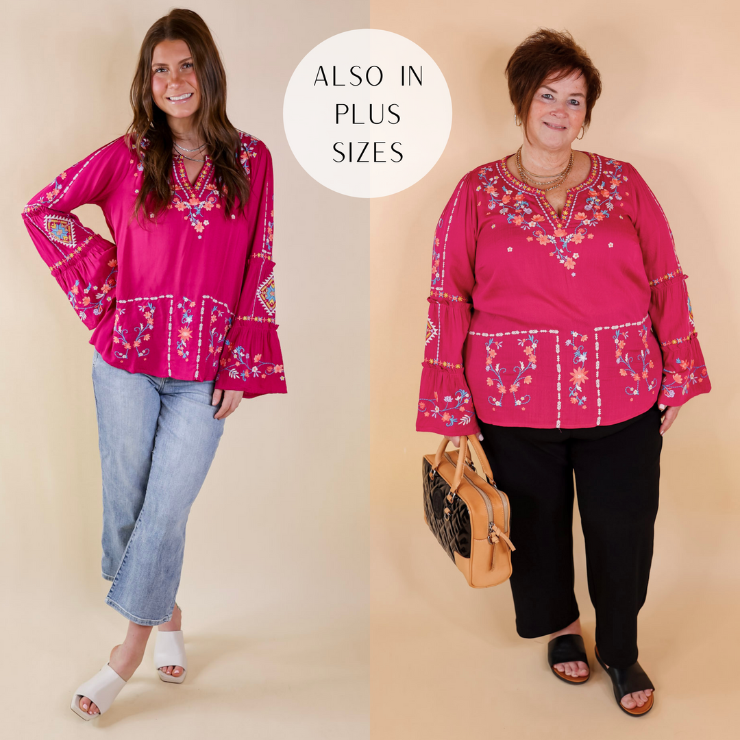 Pretty Stroll Floral Embroidered Top with Long Bell Sleeves in Magenta Pink - Giddy Up Glamour Boutique