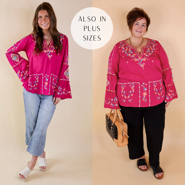 Pretty Stroll Floral Embroidered Top with Long Bell Sleeves in Magenta Pink - Giddy Up Glamour Boutique