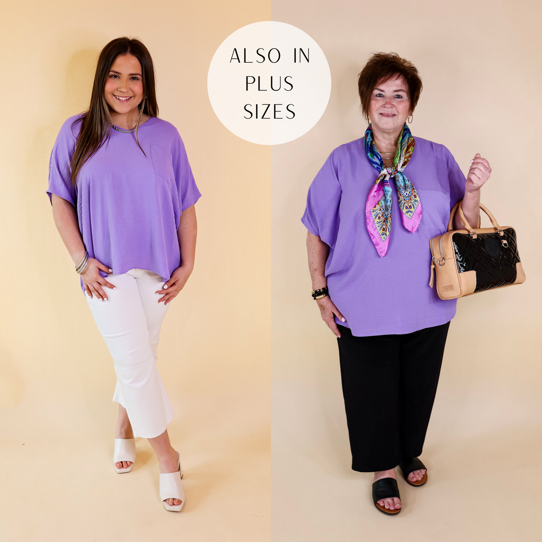 Try To Resist Short Sleeve V Neck Top with Front Pocket in Lavender Purple - Giddy Up Glamour Boutique