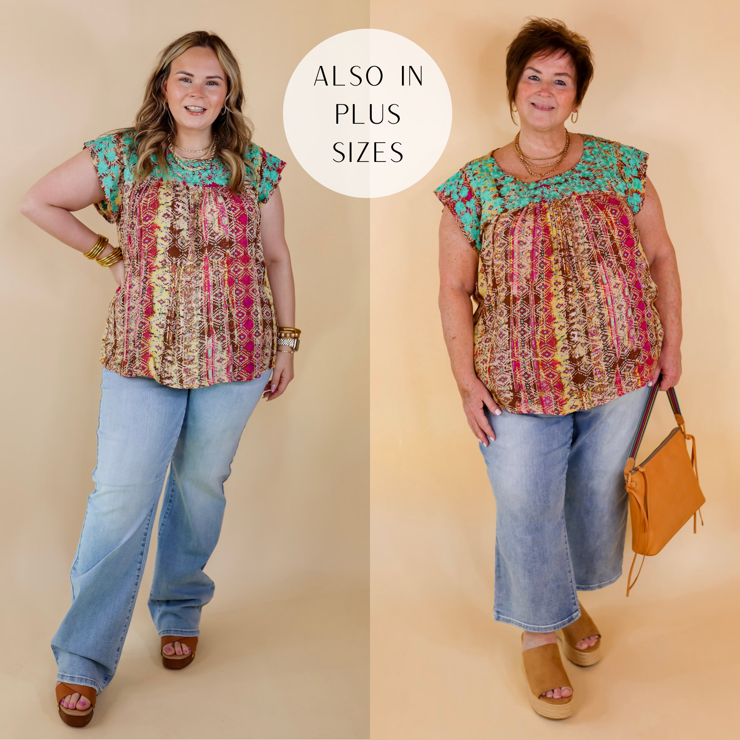 Model is wearing a tribal print blouse with ruffle cap sleeves and turquoise floral embroidery around the upper. Model has it paired with wide leg jeans, tan wedges, and gold jewelry.