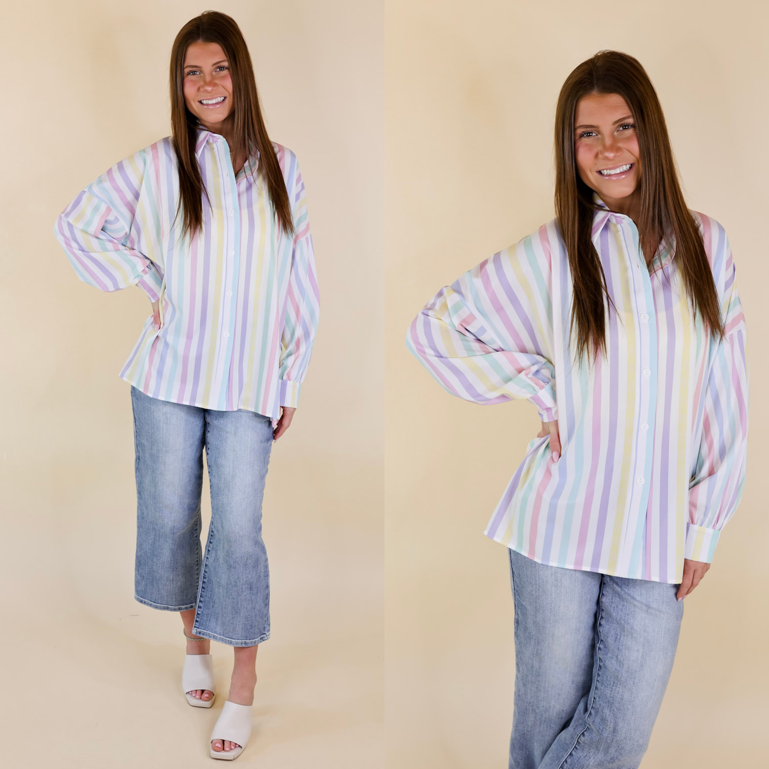 Model is wearing a button down pastel stripped top in white. Model has this top paired with jeans and white heels. background is tan. 