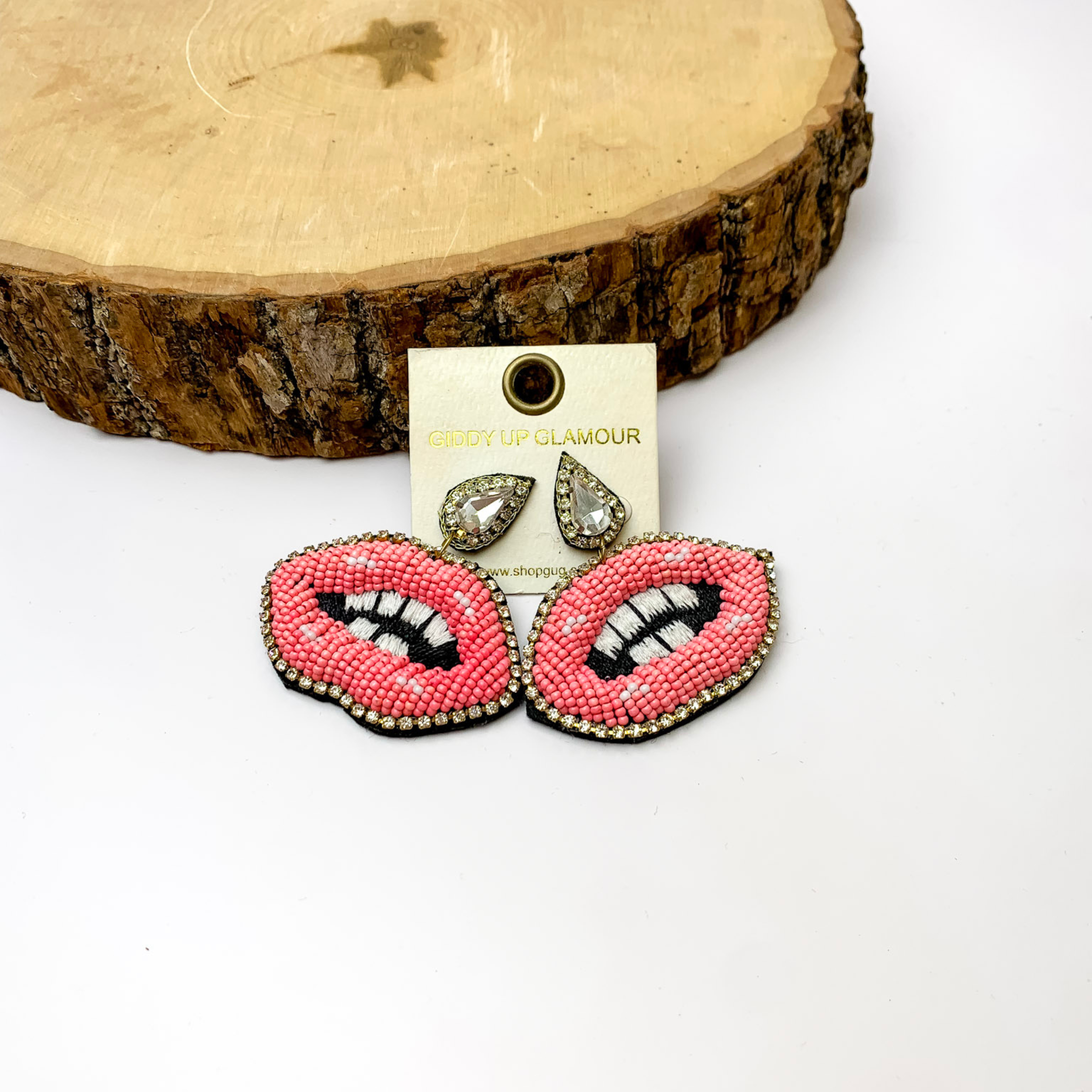 Seed Beaded Lip Post Earrings In Pink with Crystals - Giddy Up Glamour Boutique