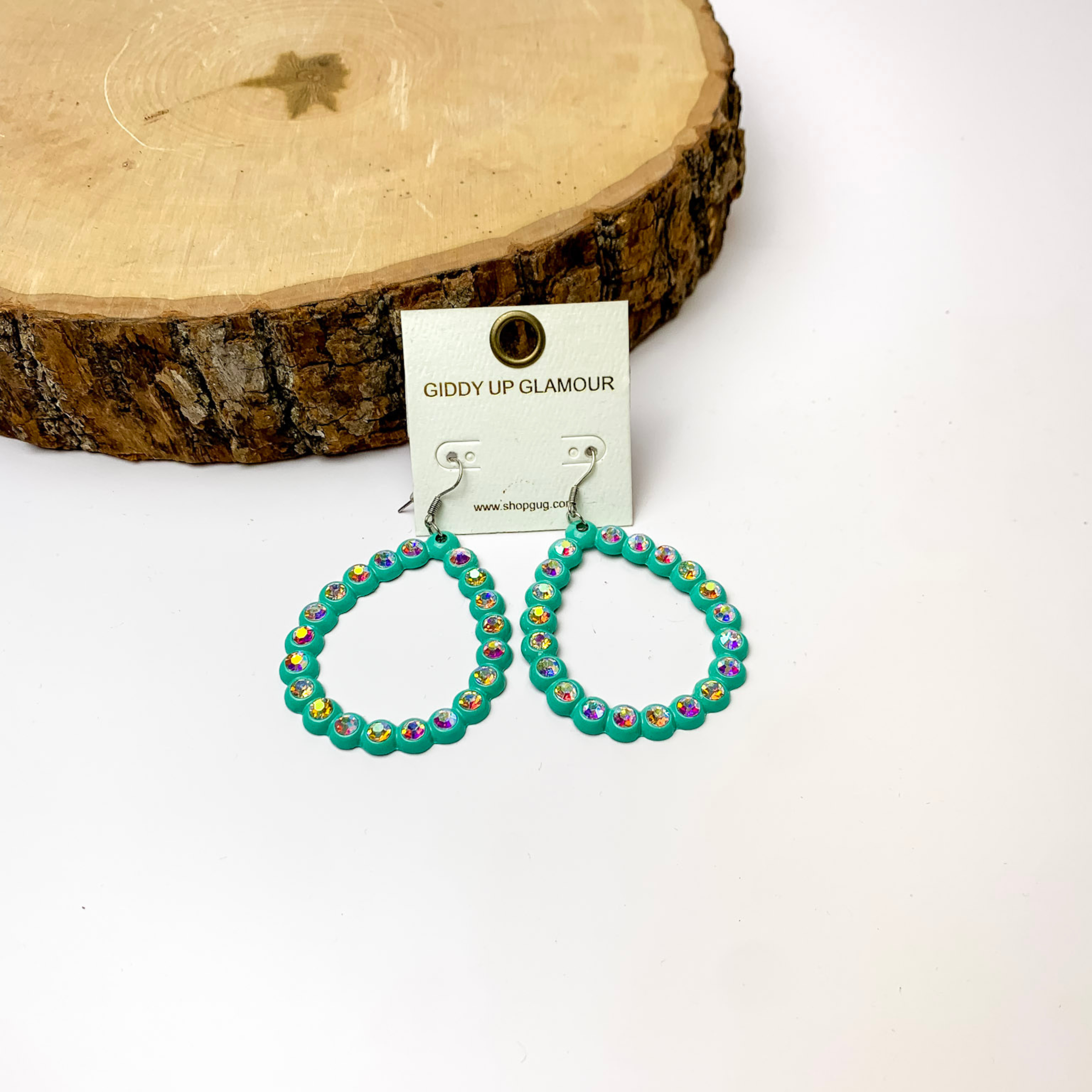 Cushion Cut Open Teardrop Earrings with AB Crystals in Turquoise - Giddy Up Glamour Boutique