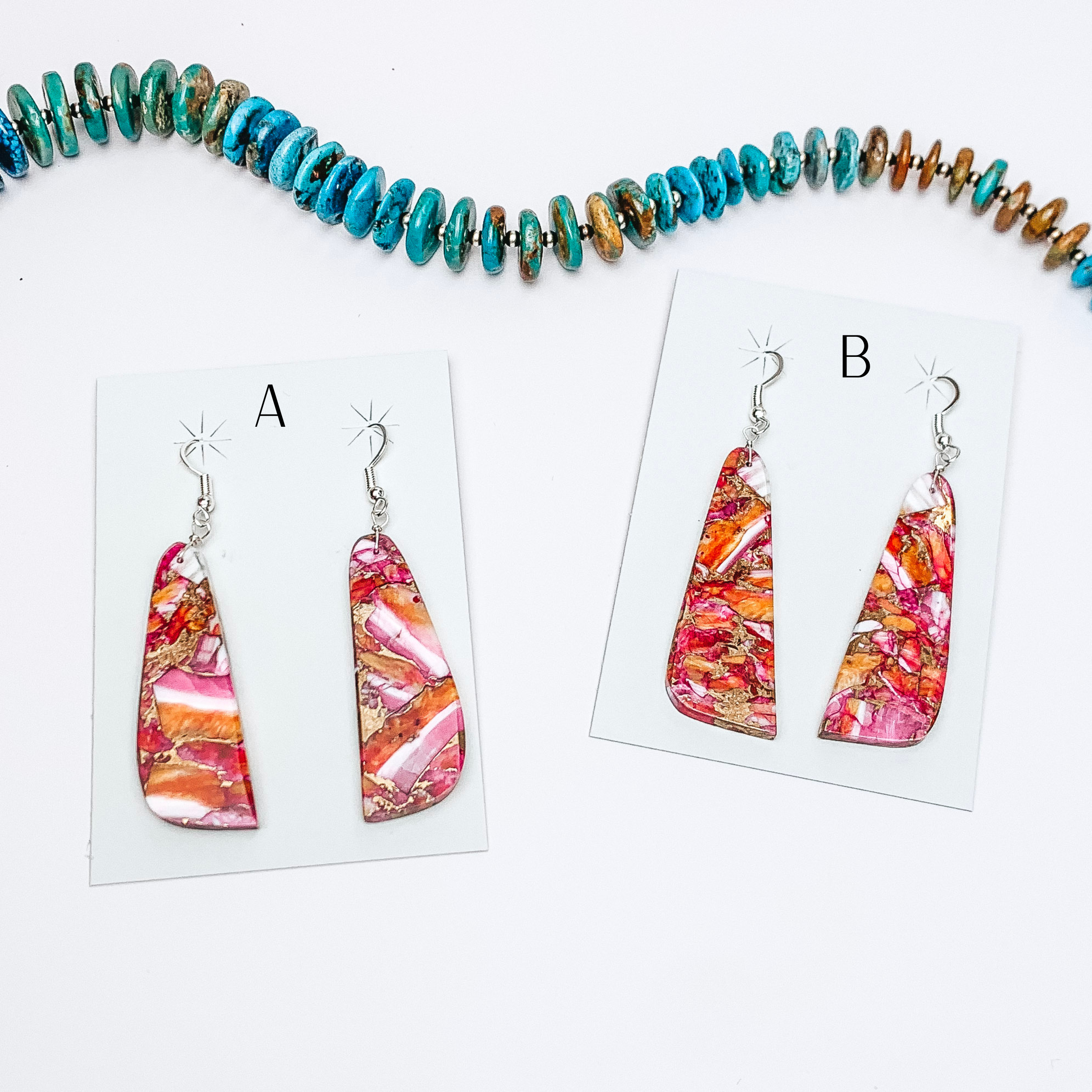 Jamison Pete | Navajo Handmade Turquoise and Pink Dhalia Remix Long Trapezoidal Slab Earrings - Giddy Up Glamour Boutique