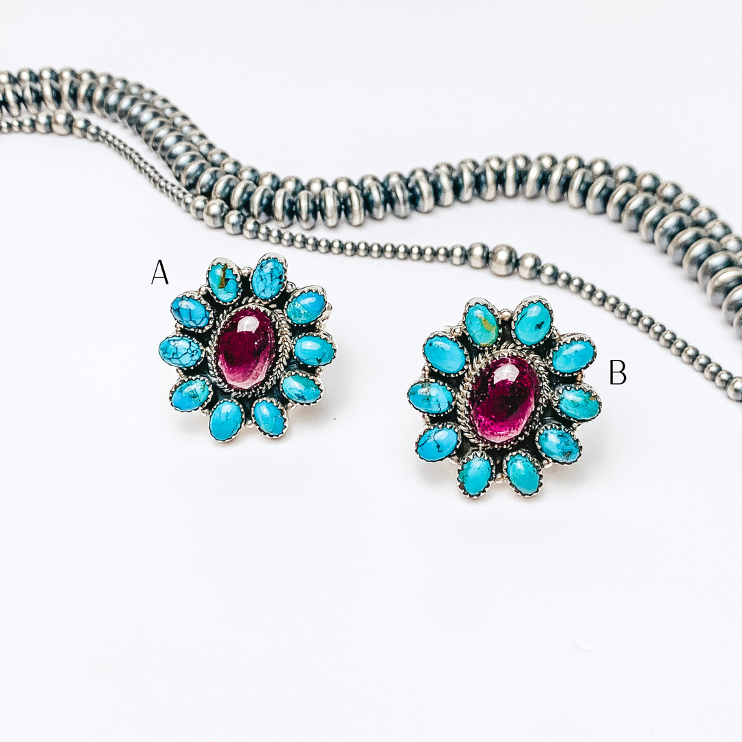 Navajo | Adjustable Sterling Silver Cluster Ring with Purple Spiny Oyster Center and Kingman Turquoise Accent Stones - Giddy Up Glamour Boutique