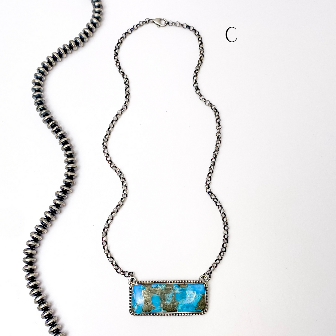 P Yazzie | Navajo Handmade Sterling Silver Chain Necklace with Kingman Turquoise Bar - Giddy Up Glamour Boutique