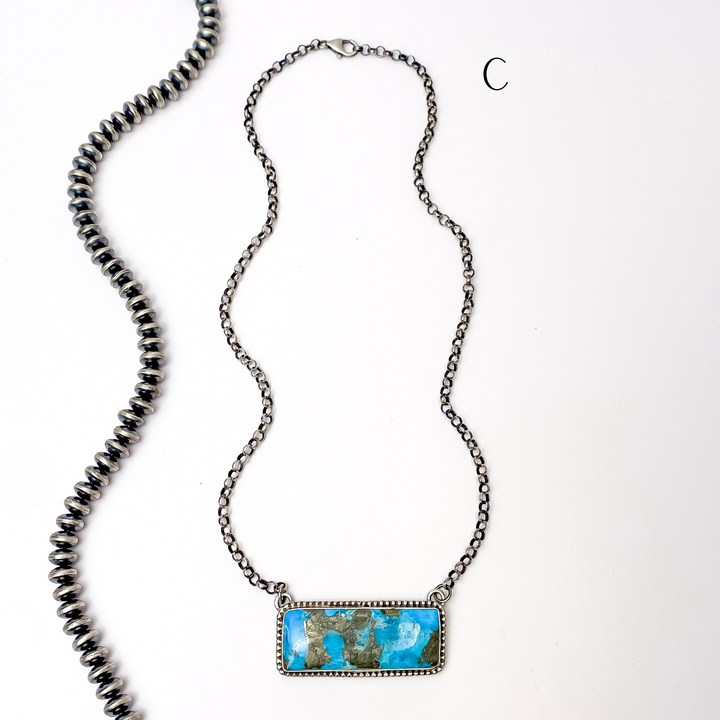 P Yazzie | Navajo Handmade Sterling Silver Chain Necklace with Kingman Turquoise Bar - Giddy Up Glamour Boutique