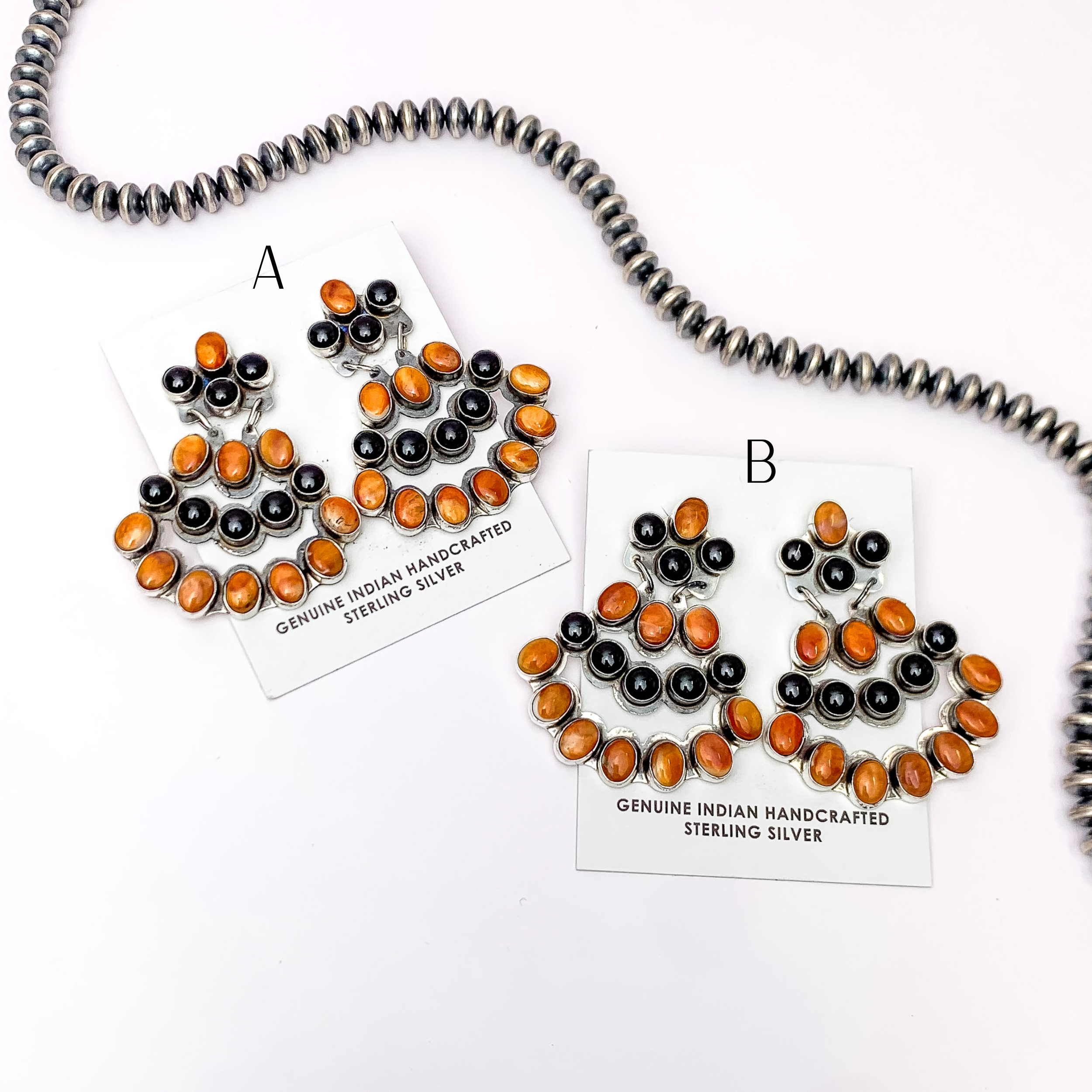 JB | Navajo Handmade Sterling Silver Post Earrings with Orange Spiny Oyster and Black Onyx Stones - Giddy Up Glamour Boutique