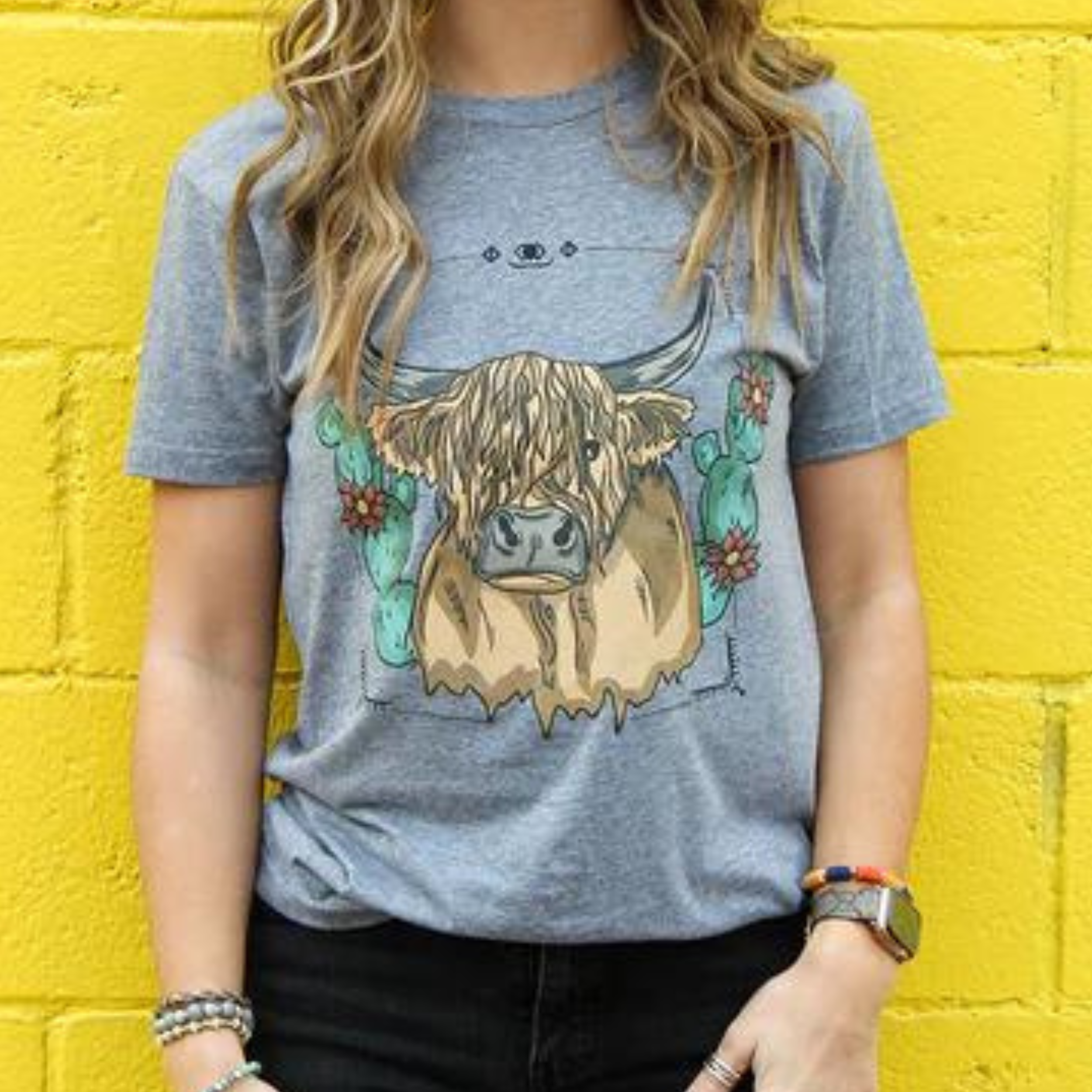 A gray short sleeve tee featuring a graphic of a cow's face with green cacti and pink flowers on both sides. There is a thin border around the cow. Item is pictured on a yellow background.