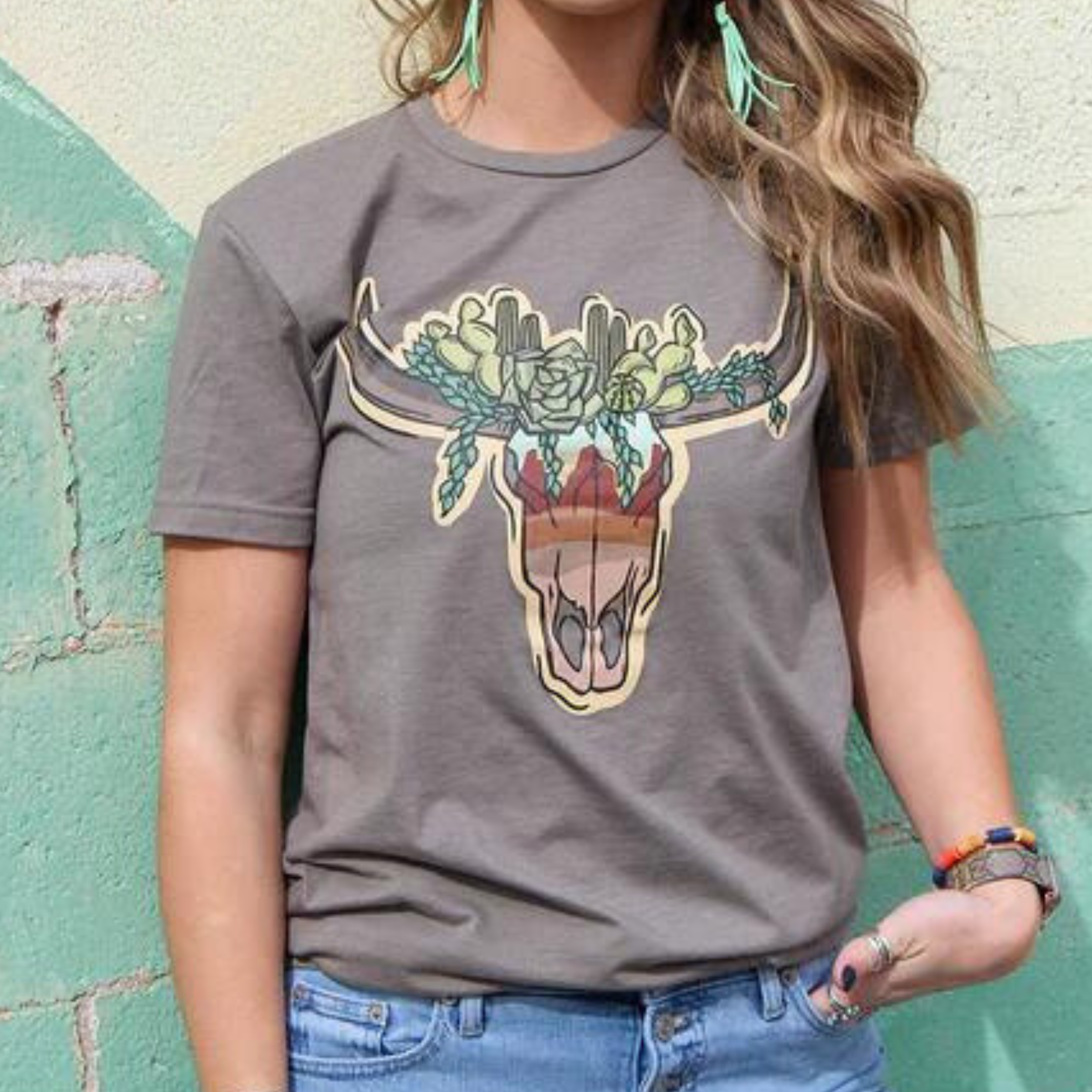 Online Exclusive | Sunset Skull Short Sleeve Graphic Tee in Gray - Giddy Up Glamour Boutique