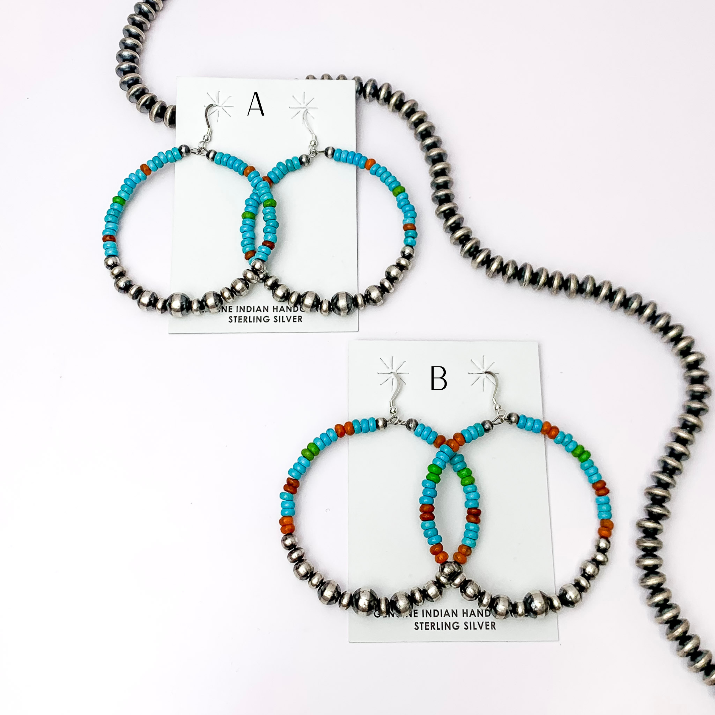 Navajo | Navajo Handmade Sterling Silver Navajo Pearl Hoop Earrings with Turquoise, Brown, and Green Beads