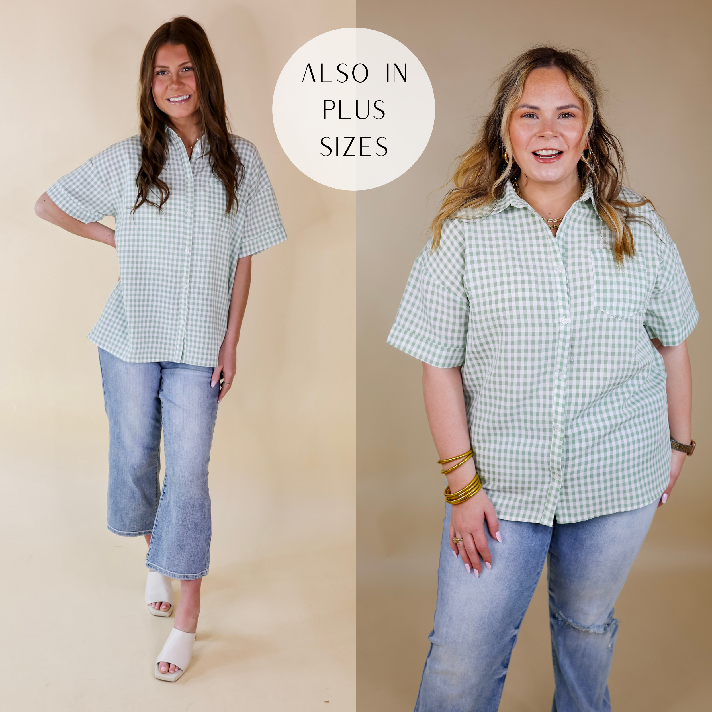 Model is wearing a sage green gingham print top with a button up front, collared neckline, and short sleeves. Model has it paired with light wash cropped jeans, ivory heels, and silver jewelry.