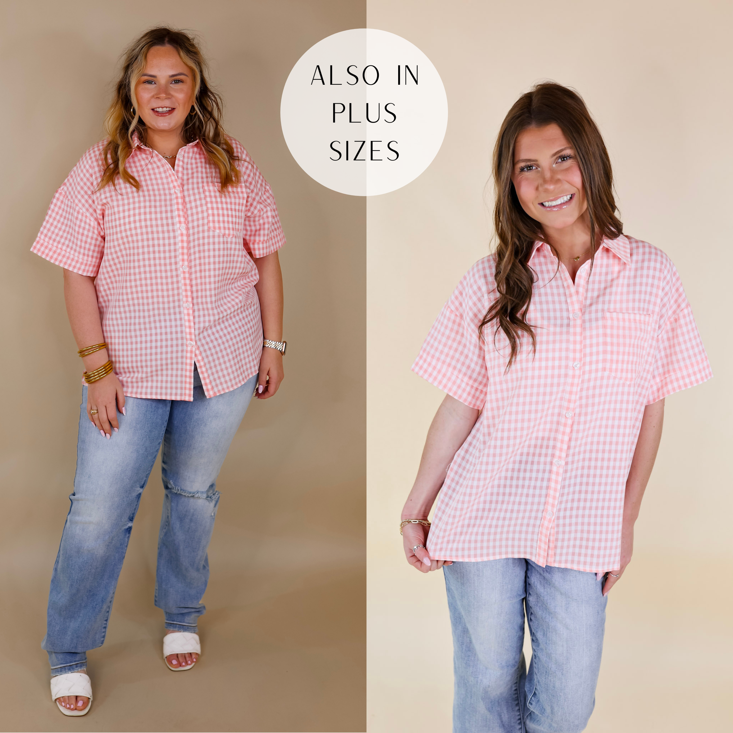 Model is wearing a pink gingham top with a button up front, collared neckline, chest pocket, and short sleeves. Model has it paired with cropped jeans, ivory heels, gold jewelry.
