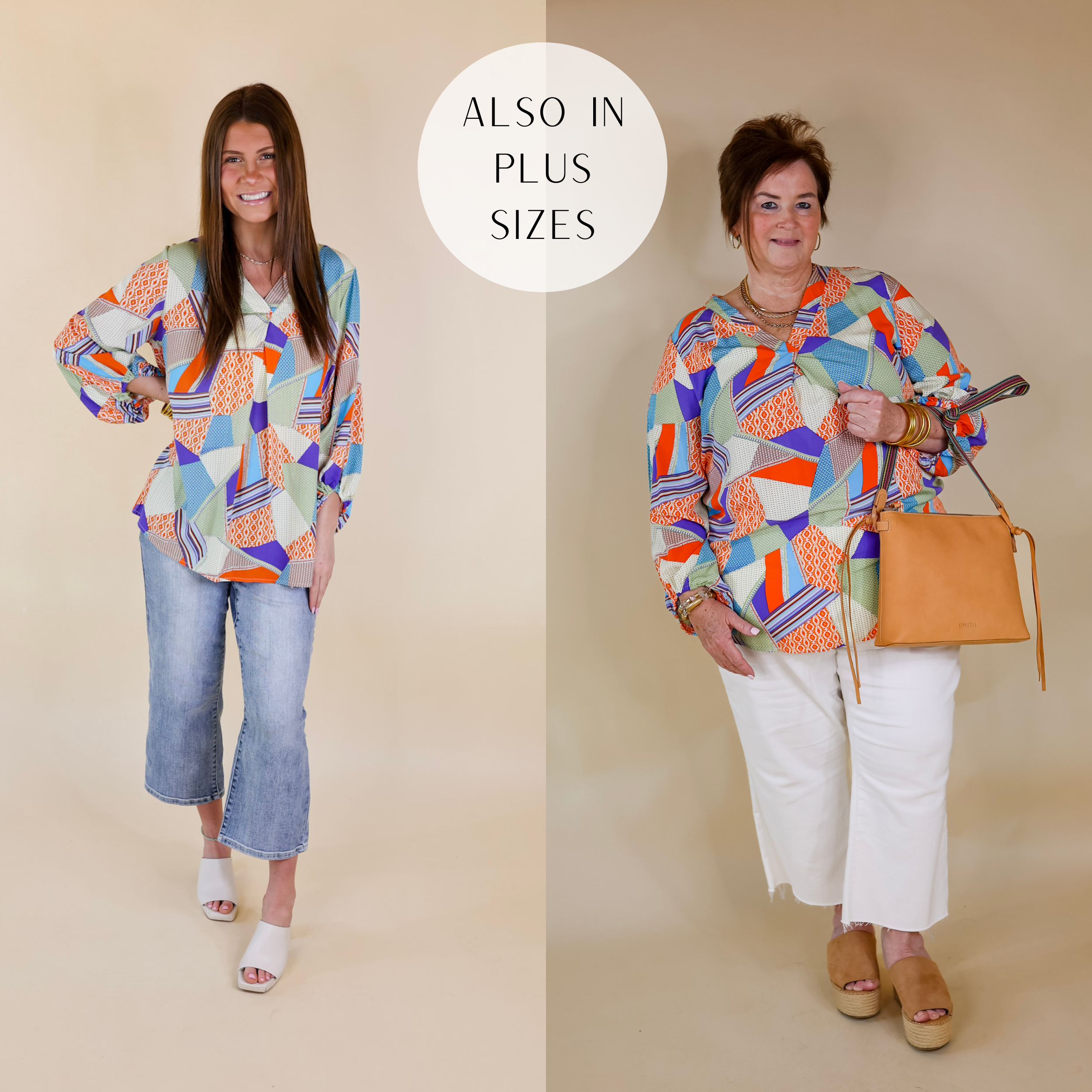 Models are wearing a 3/4 sleeve top with a mix patch print in green, orange, and blue. Size small model has this top paired with cropped jeans, ivory heels, and gold jewelry. Plus size model has it paired with cropped jeans, tan wedges, and gold jewelry.